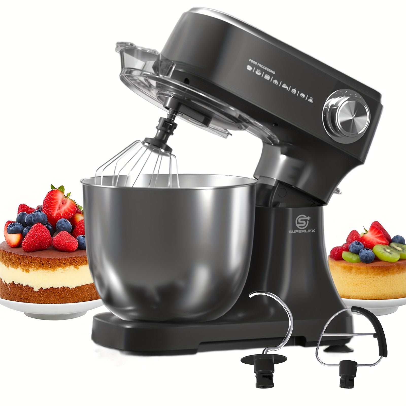 Superlex Robot de Cuisine 800 W avec Bol en Acier Inoxydable de 4,5 L - Machine à Pétrir Professionnelle à 10 Vitesses, Crochet à Pâte, Fouet et Raclette - Mixeur sur Pied pour Pain, Gâteaux et Plus