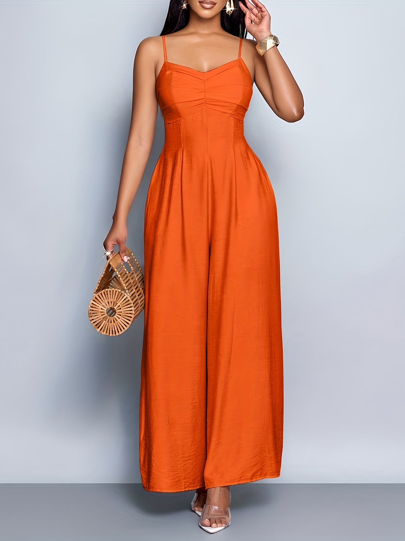 Combinaison Cami Femme Élégante Drapée Col Avant Dos Nu Jambes Larges - Silhouette H-Line Sans Manches avec Poches, Combinaison Longue Couleur Unie pour Printemps/Automne, Tenue Décontractée & de Vacances, Vêtements de Printemps Automne, Style Sophistiqué