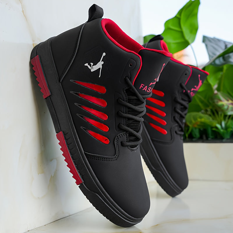 Baskets de basket-ball mi-haut pour hommes - Haut en faux cuir synthétique confortable, semelle en PVC rembourée épaisse, conception à lacets pour la course en plein air, le skateboard et les vêtements décontractés - Blanc avec accents noirs, chaussures d