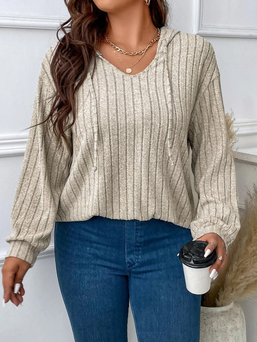 Women's V-neck Hooded Long-sleeved Sunken Stripe Brushed Top