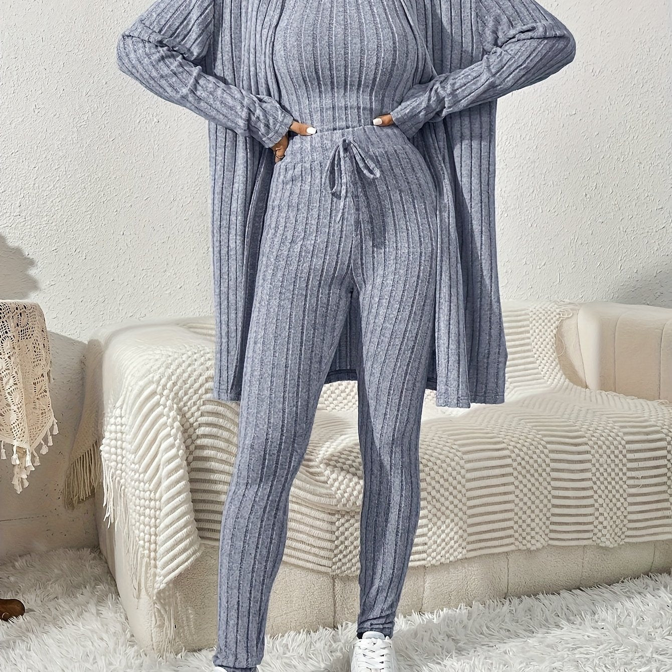 Ensemble Cardigan Uni et Pantalon Slim pour Femme, Tenue Décontractée Élégante et Simple