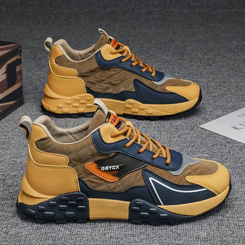 Sneakers de sport d'hiver pour hommes 2024, chaussures de neige mi-hautes, motif géométrique décontracté, course à pied en plein air, randonnée, lacets antidérapants, semelle épaisse, dessus en PU, intérieur en tissu, semelle en PVC, semelle intérieure en