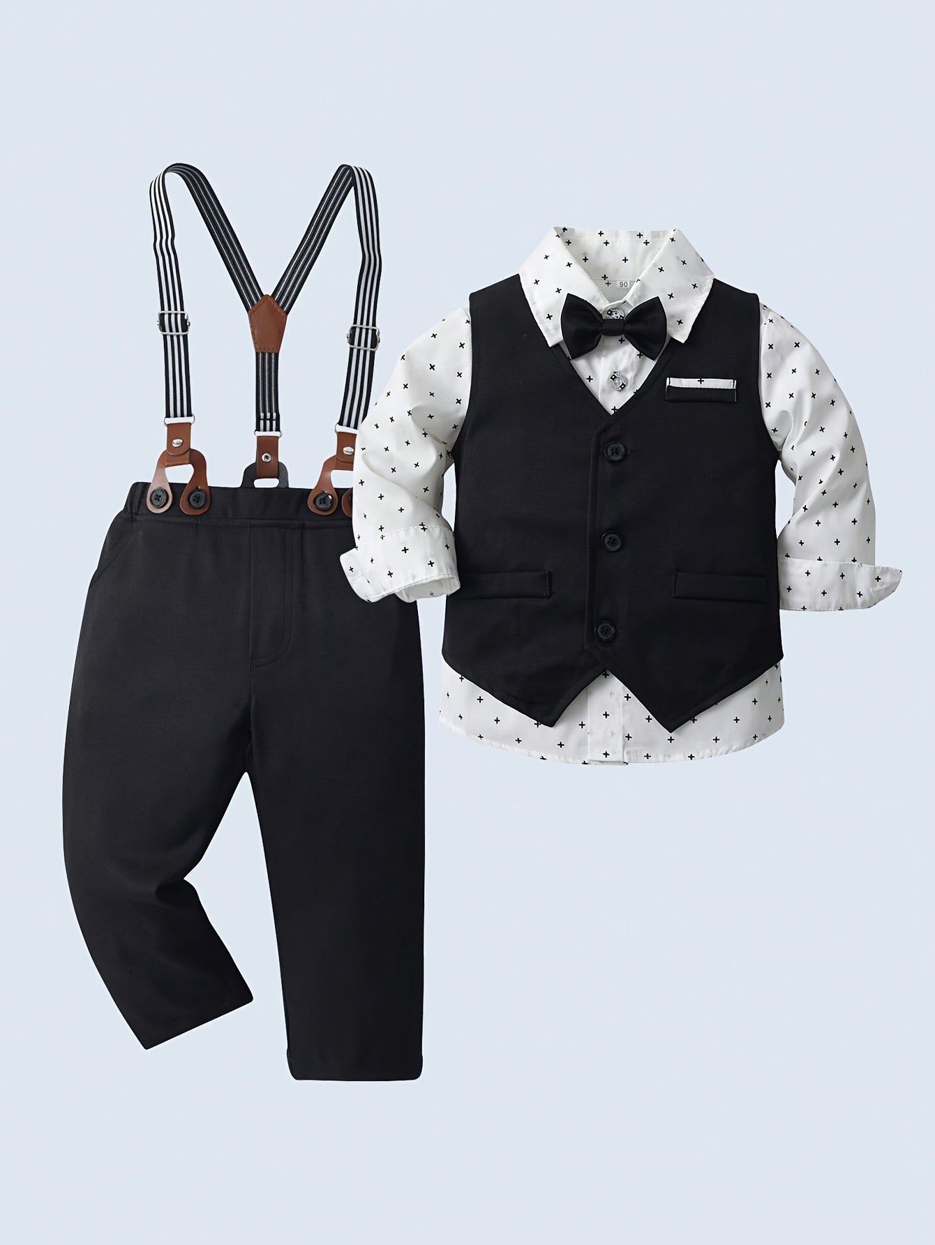 Costume de Gentleman Trois Pièces pour Garçons Boarnseorl, Élégant et Romantique, Chemise à Manches Longues avec Nœud et Bretelles, Pantalon et Gilet, Convient pour les Fêtes d'Anniversaire, Soirées, Spectacles, Mariages, Pleine Lune, Baptême et Premier A