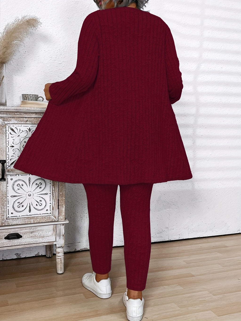 Grande Taille - Grande Taille - Ensemble 3 pièces Grande Taille Femme en Coton Côtelé Gris : Cardigan, Gilet et Leggings - Vêtement d'Hiver Confortable et Décontracté avec Cordon de Serrage à la Taille, Manches Longues et Coupe Slim pour le Travail et la