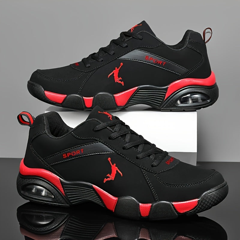 Chaussures de sport homme à coussin d'air - Tissu respirant mesh et PU, design géométrique, fermeture à lacets, couleur noire/blanche, confortables pour course en extérieur, marche et tenue décontractée | Look athlétique | Chaussures ajustées et confortab
