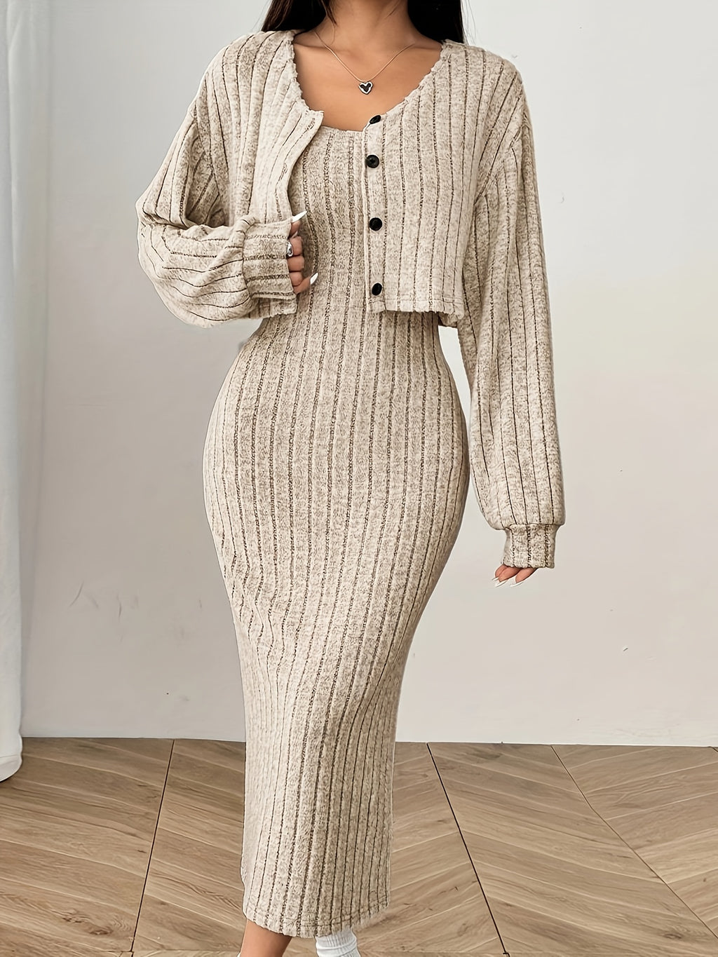 Ensemble élégant de haut et de veste à manches longues pour femmes - Robe côtelée beige avec détails boutonnés, chemisier à manches longues et veste assortie pour l'automne/hiver, tenue décontractée | Haut élégant à manches longues | Construction, robe à