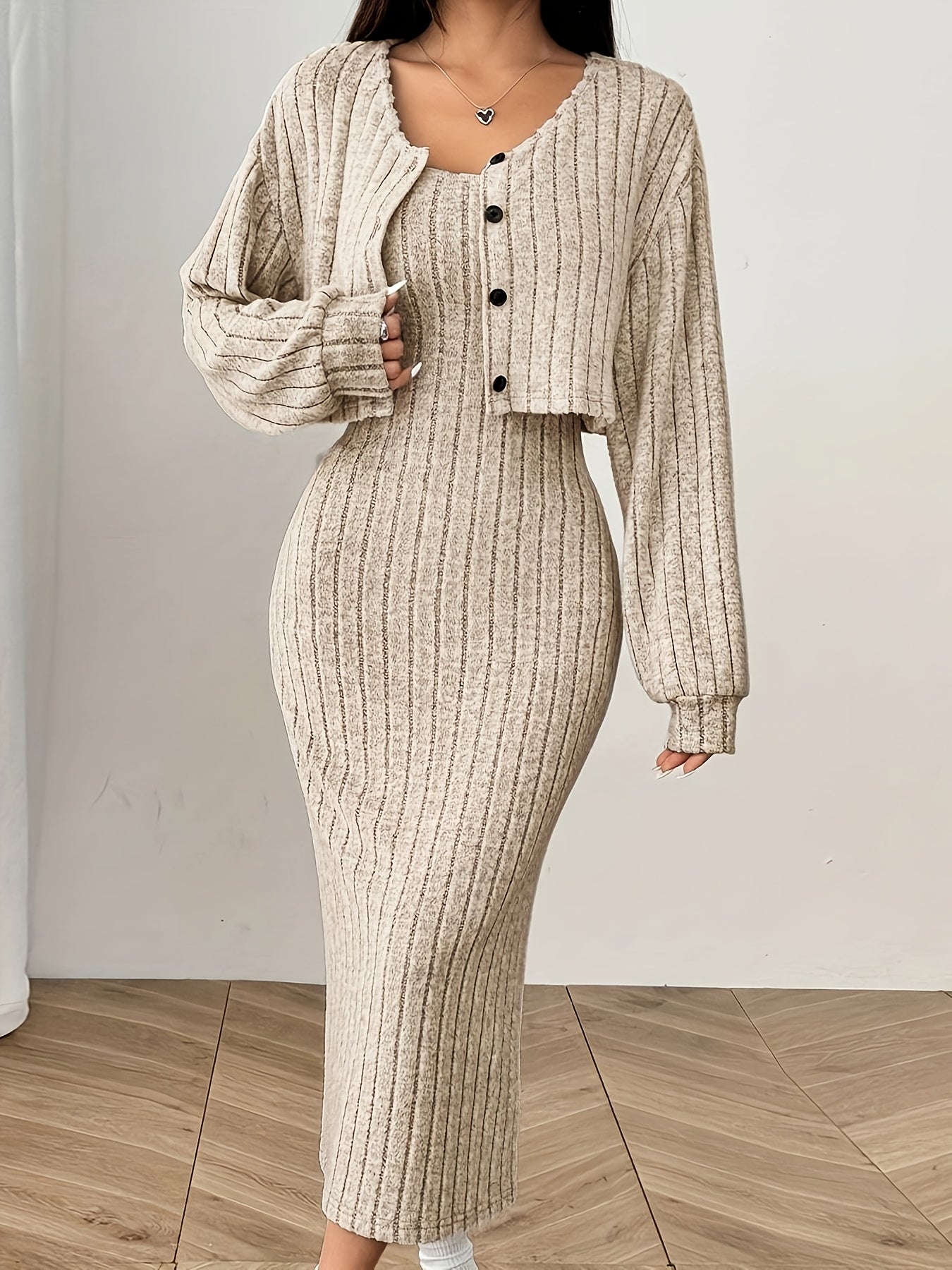 Ensemble élégant de haut et de veste à manches longues pour femmes - Robe côtelée beige avec détails boutonnés, chemisier à manches longues et veste assortie pour l'automne/hiver, tenue décontractée | Haut élégant à manches longues | Construction, robe à