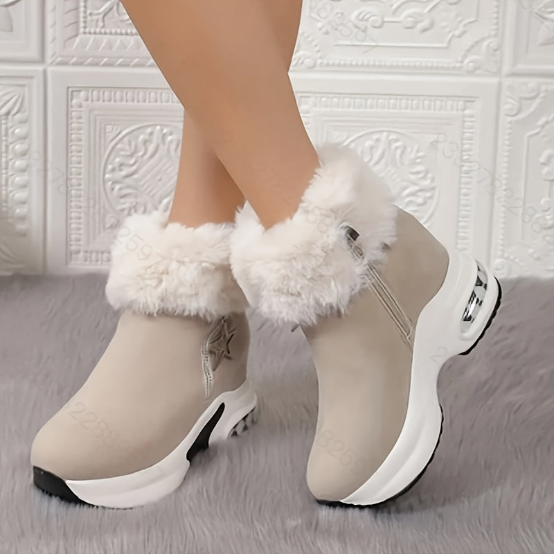 Botines d'Hiver pour Femmes avec Doublure en Fourrure Synthétique Chaude et Fermeture Éclair sur le Côté, Semelle Épaisse en Caoutchouc, Bottes Courtes Décontractées à Motif Étoile Beiges pour Confort Extérieur