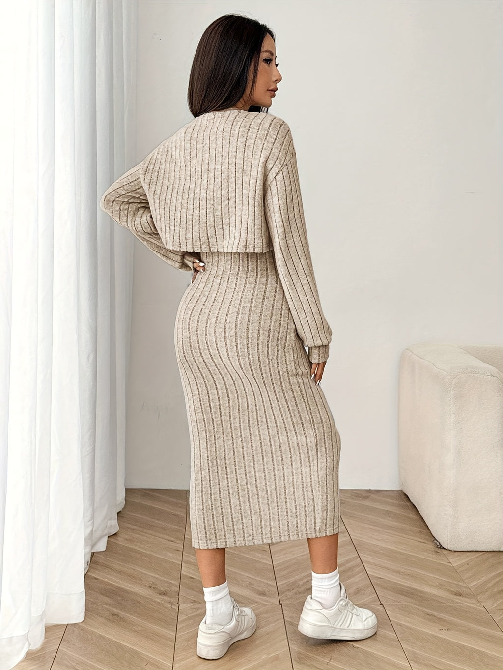 Ensemble élégant de haut et de veste à manches longues pour femmes - Robe côtelée beige avec détails boutonnés, chemisier à manches longues et veste assortie pour l'automne/hiver, tenue décontractée | Haut élégant à manches longues | Construction, robe à
