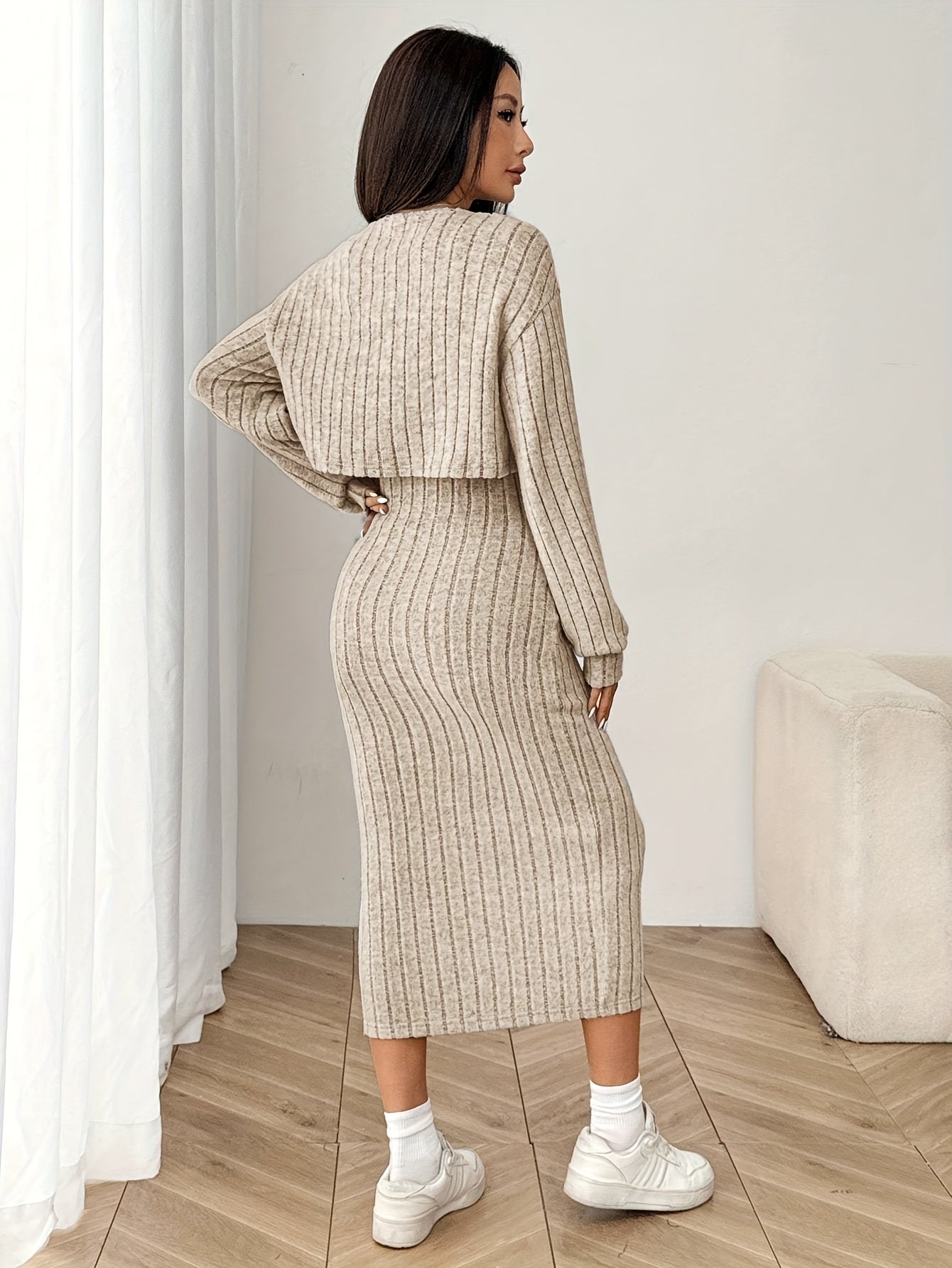 Ensemble élégant de haut et de veste à manches longues pour femmes - Robe côtelée beige avec détails boutonnés, chemisier à manches longues et veste assortie pour l'automne/hiver, tenue décontractée | Haut élégant à manches longues | Construction, robe à
