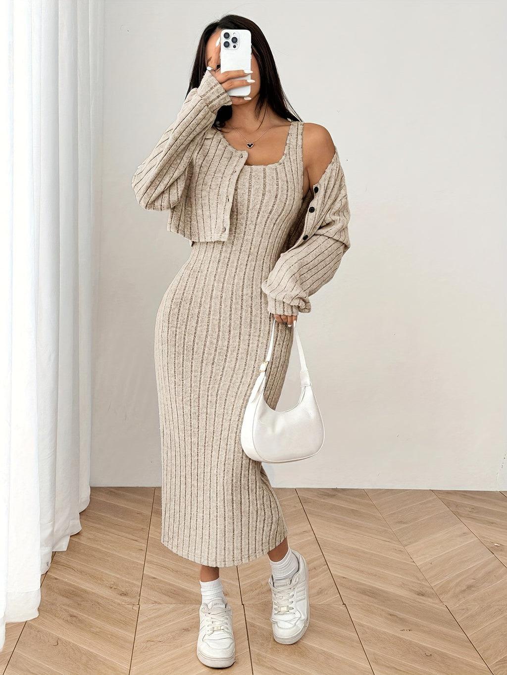 Ensemble élégant de haut et de veste à manches longues pour femmes - Robe côtelée beige avec détails boutonnés, chemisier à manches longues et veste assortie pour l'automne/hiver, tenue décontractée | Haut élégant à manches longues | Construction, robe à