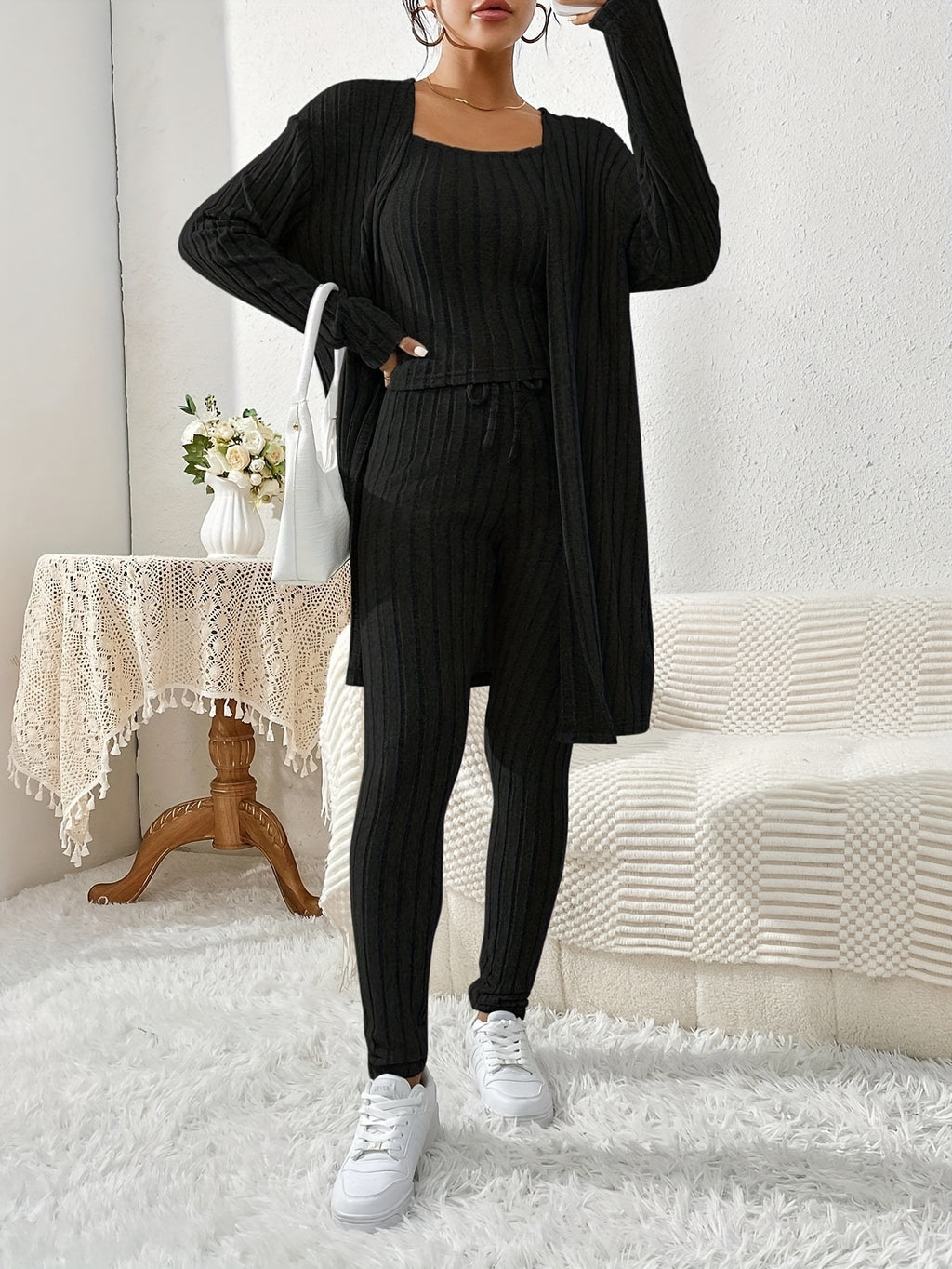 Ensemble Cardigan Uni et Pantalon Slim pour Femme, Tenue Décontractée Élégante et Simple