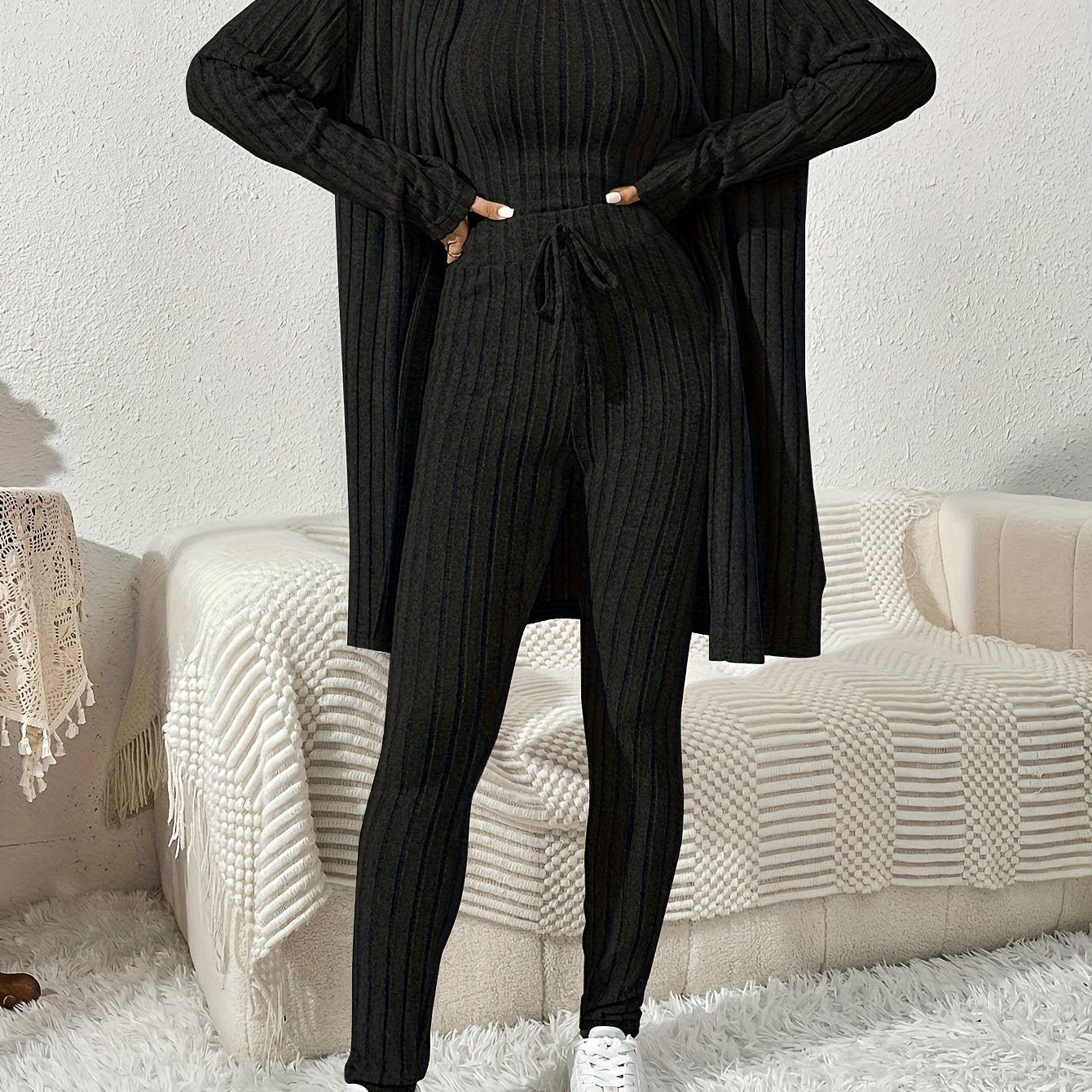 Ensemble Cardigan Uni et Pantalon Slim pour Femme, Tenue Décontractée Élégante et Simple