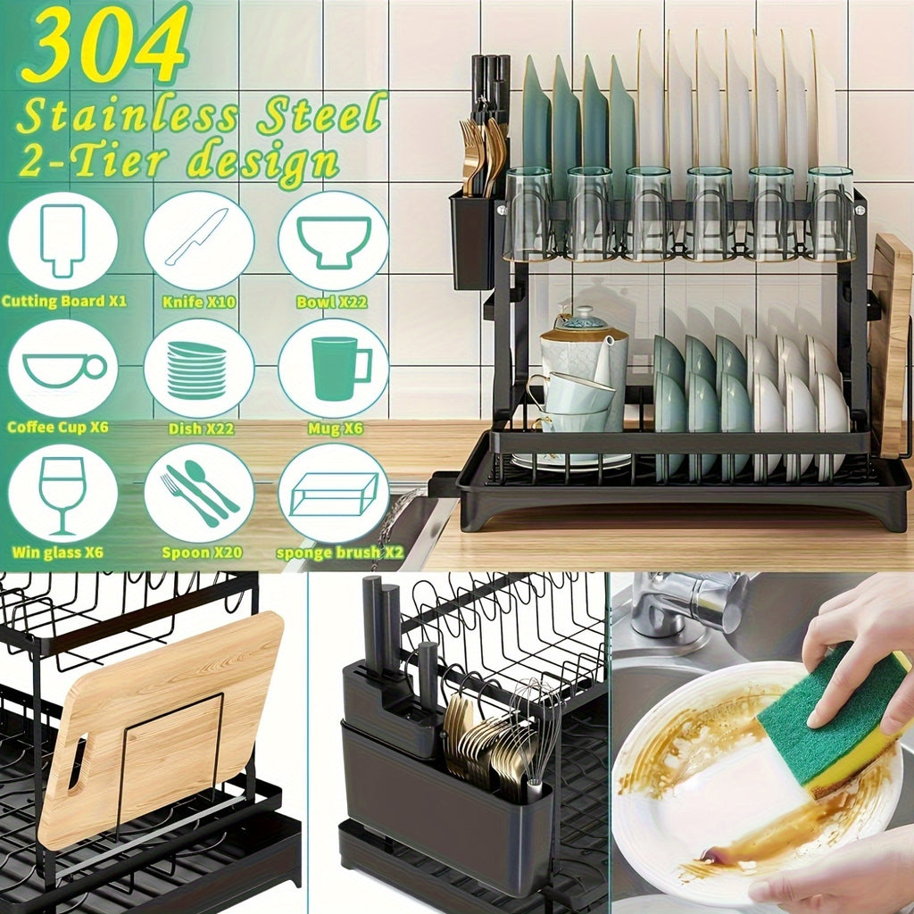 Égouttoir de cuisine en acier carbone à double couche grande capacité - Support épaissi - Porte-ustensiles en métal pour vaisselle - Adapté aux assiettes, bols, tasses, planches à découper - Utilisation domestique et pour cabine
