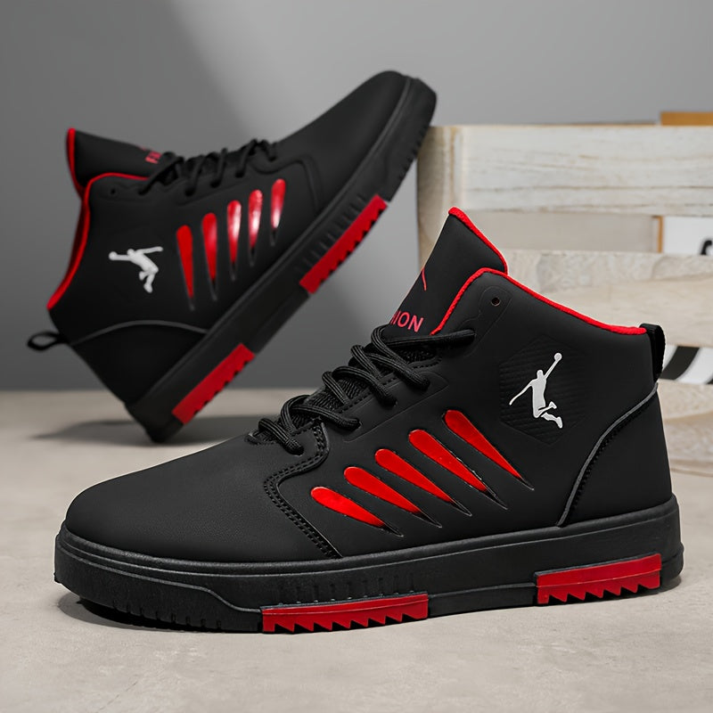Baskets de basket-ball mi-haut pour hommes - Haut en faux cuir synthétique confortable, semelle en PVC rembourée épaisse, conception à lacets pour la course en plein air, le skateboard et les vêtements décontractés - Blanc avec accents noirs, chaussures d