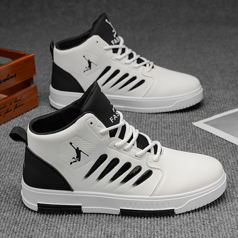 Baskets de basket-ball mi-haut pour hommes - Haut en faux cuir synthétique confortable, semelle en PVC rembourée épaisse, conception à lacets pour la course en plein air, le skateboard et les vêtements décontractés - Blanc avec accents noirs, chaussures d