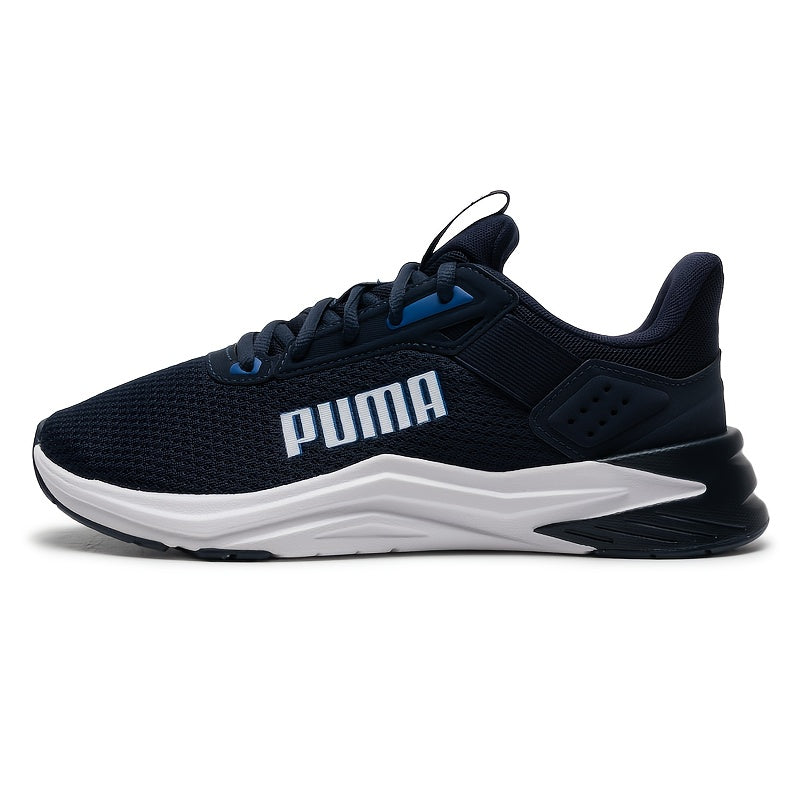 Chaussures PUMA pour hommes légères et breathables, toutes saisons, design bleu marine et blanc, semelle en caoutchouc et upper en fabric, support de stabilité