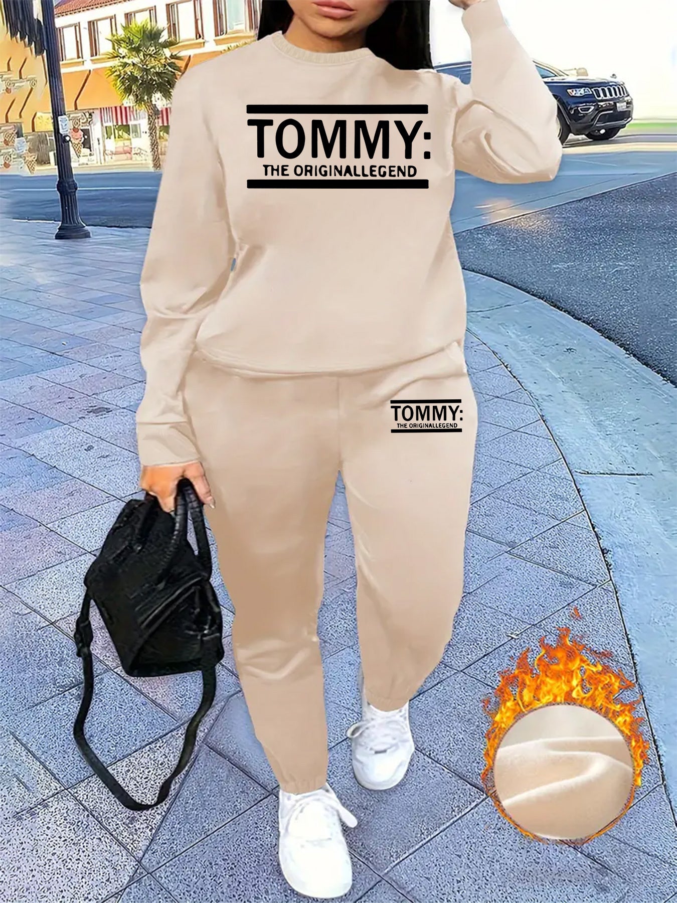 Ensemble décontracté deux pièces pour femmes avec imprimé "Tommy" - Sweat-shirt à manches longues et col rond, jogging, rose, confort toutes saisons, coupe standard, 16-50 ans, vêtements décontractés | Imprimé joyeux | Coupe confortable, ensemble de pulls