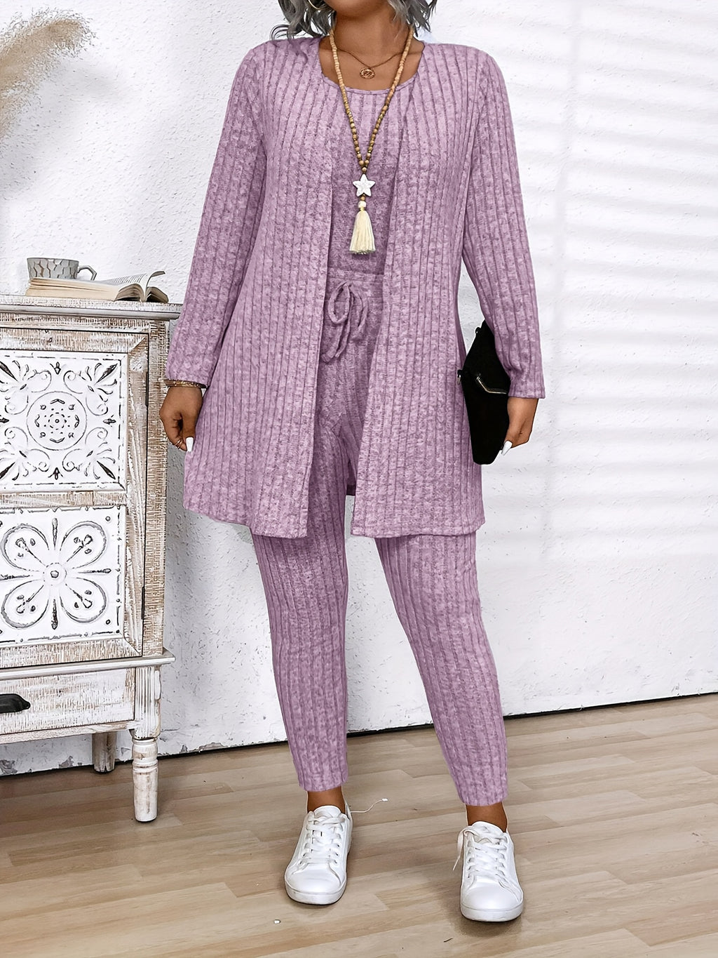 Grande Taille - Grande Taille - Ensemble 3 pièces Grande Taille Femme en Coton Côtelé Gris : Cardigan, Gilet et Leggings - Vêtement d'Hiver Confortable et Décontracté avec Cordon de Serrage à la Taille, Manches Longues et Coupe Slim pour le Travail et la