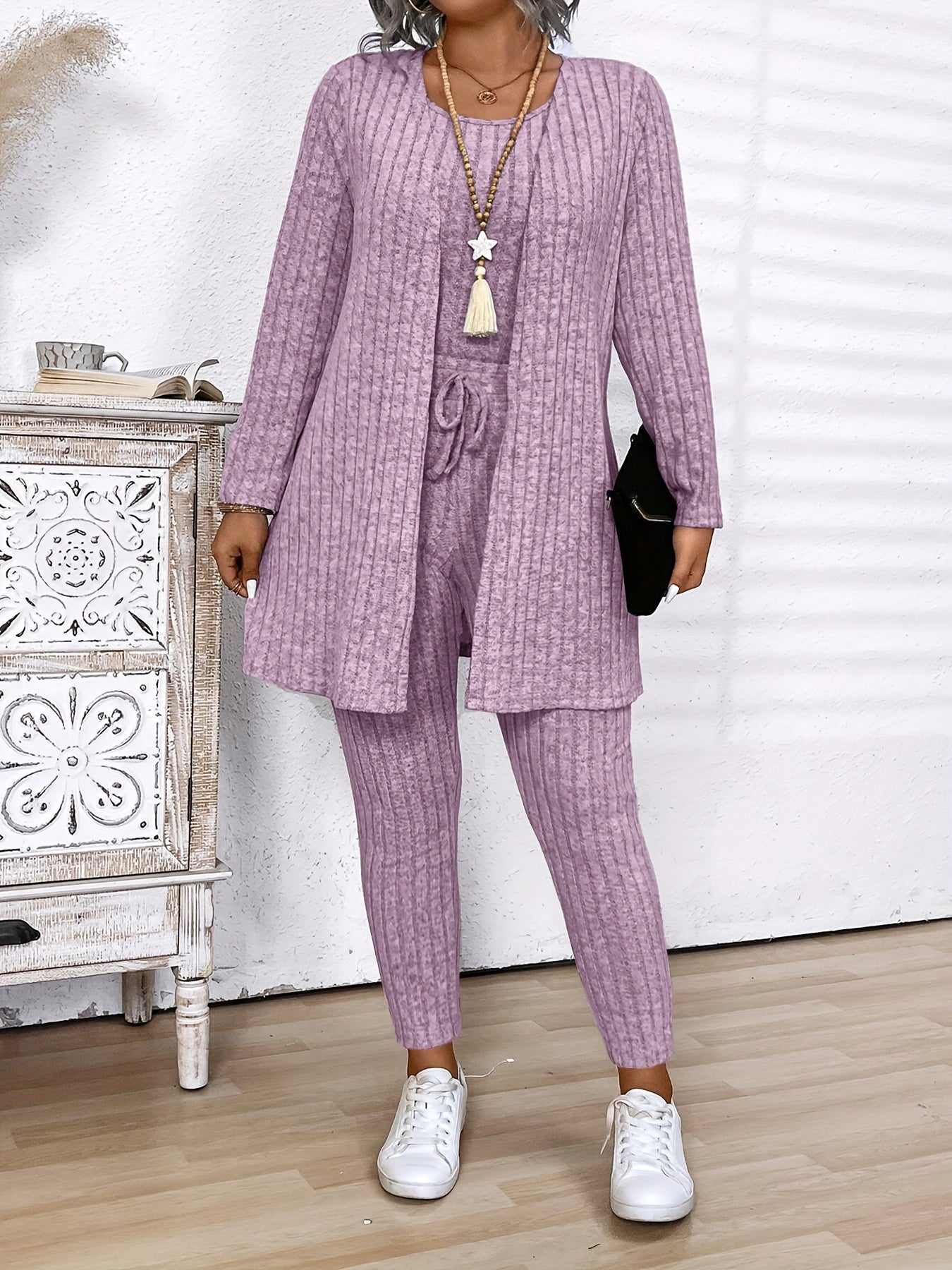 Grande Taille - Grande Taille - Ensemble 3 pièces Grande Taille Femme en Coton Côtelé Gris : Cardigan, Gilet et Leggings - Vêtement d'Hiver Confortable et Décontracté avec Cordon de Serrage à la Taille, Manches Longues et Coupe Slim pour le Travail et la