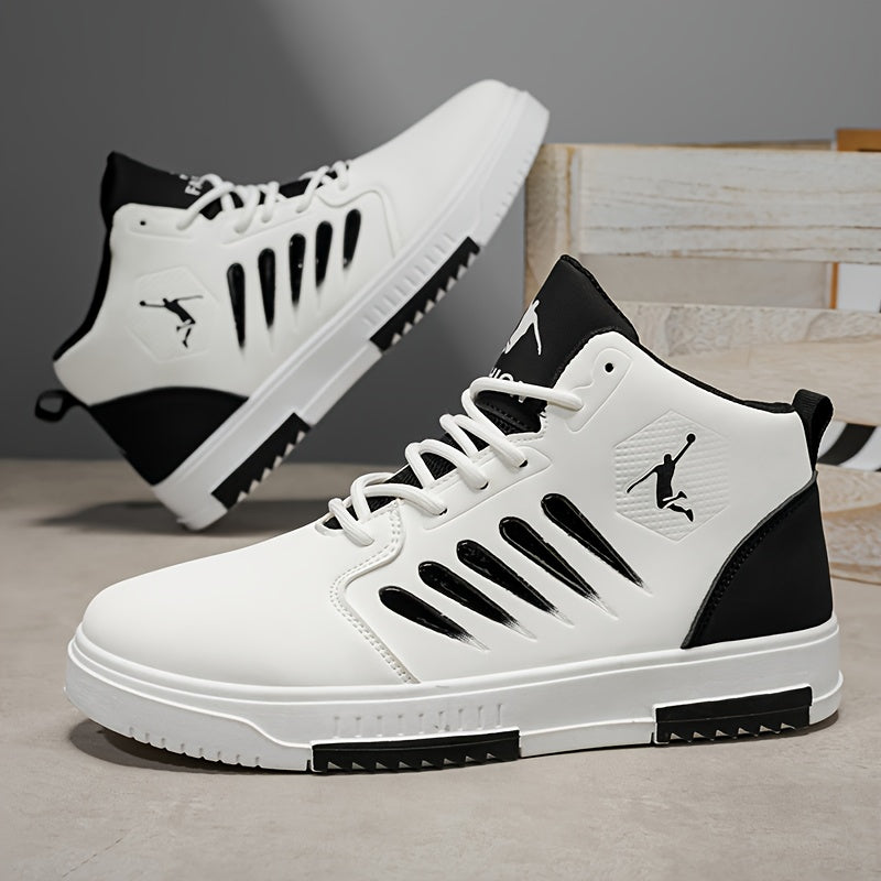 Baskets de basket-ball mi-haut pour hommes - Haut en faux cuir synthétique confortable, semelle en PVC rembourée épaisse, conception à lacets pour la course en plein air, le skateboard et les vêtements décontractés - Blanc avec accents noirs, chaussures d