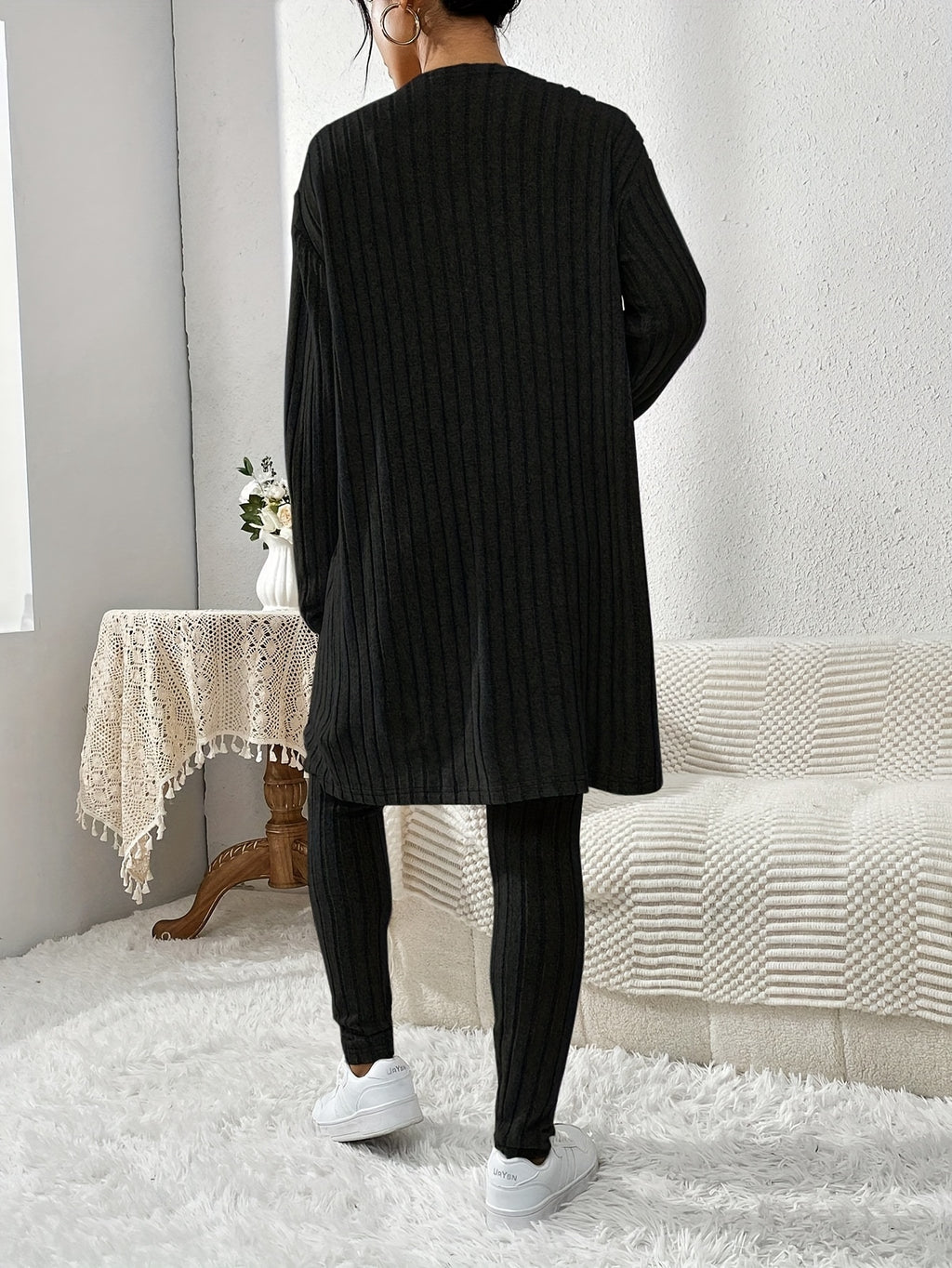 Ensemble Cardigan Uni et Pantalon Slim pour Femme, Tenue Décontractée Élégante et Simple