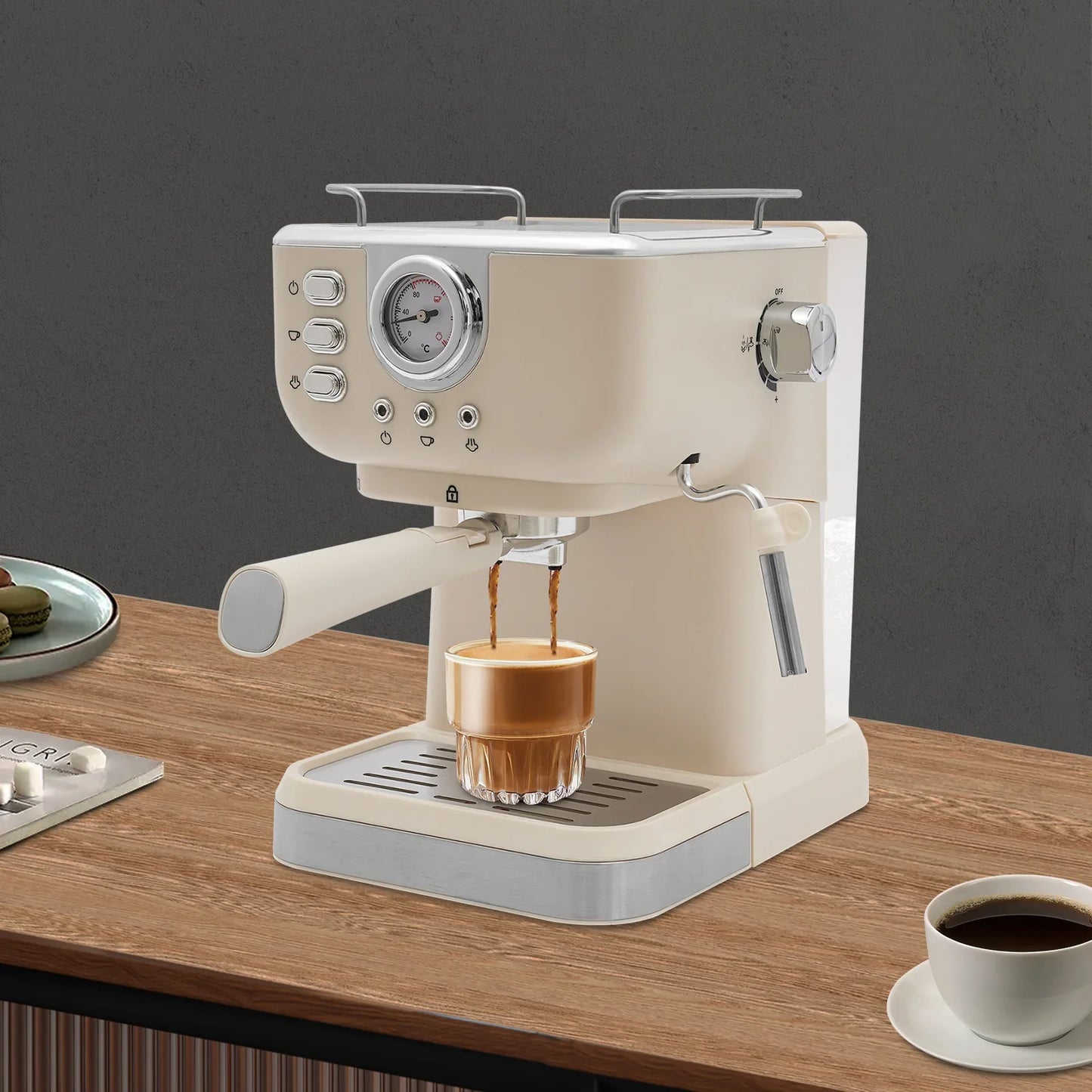 High-Quality PP Semi-Auto Coffee Maker, 1.5L Tank, 20Bar Pressure, Milk Frothing, Cup-Warming, Home & Office Use