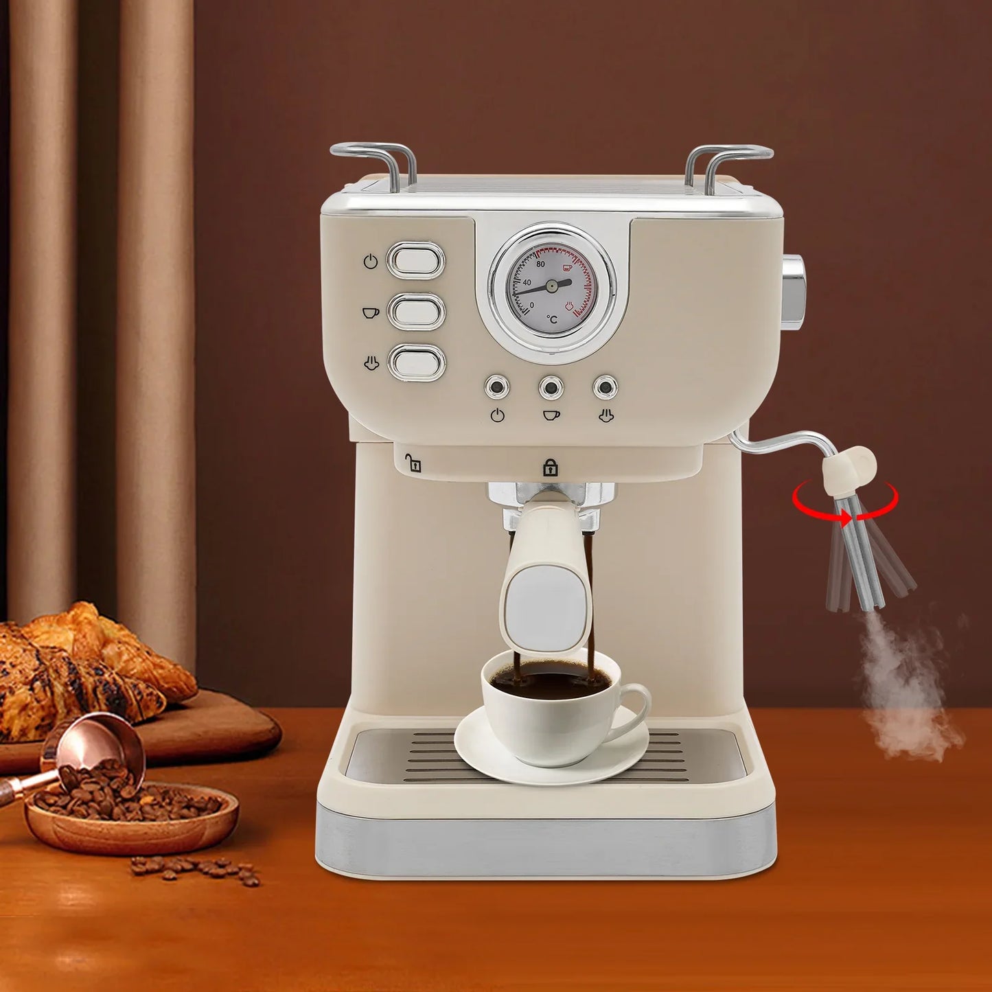 High-Quality PP Semi-Auto Coffee Maker, 1.5L Tank, 20Bar Pressure, Milk Frothing, Cup-Warming, Home & Office Use