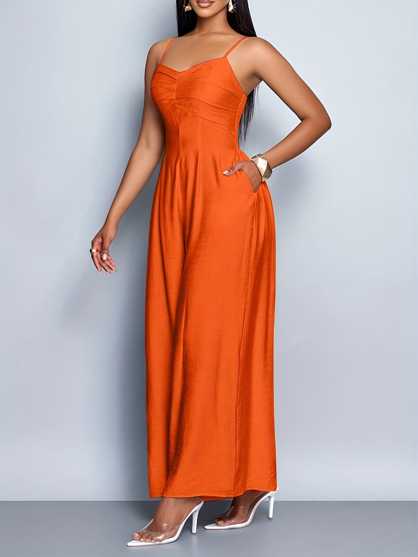 Combinaison Cami Femme Élégante Drapée Col Avant Dos Nu Jambes Larges - Silhouette H-Line Sans Manches avec Poches, Combinaison Longue Couleur Unie pour Printemps/Automne, Tenue Décontractée & de Vacances, Vêtements de Printemps Automne, Style Sophistiqué