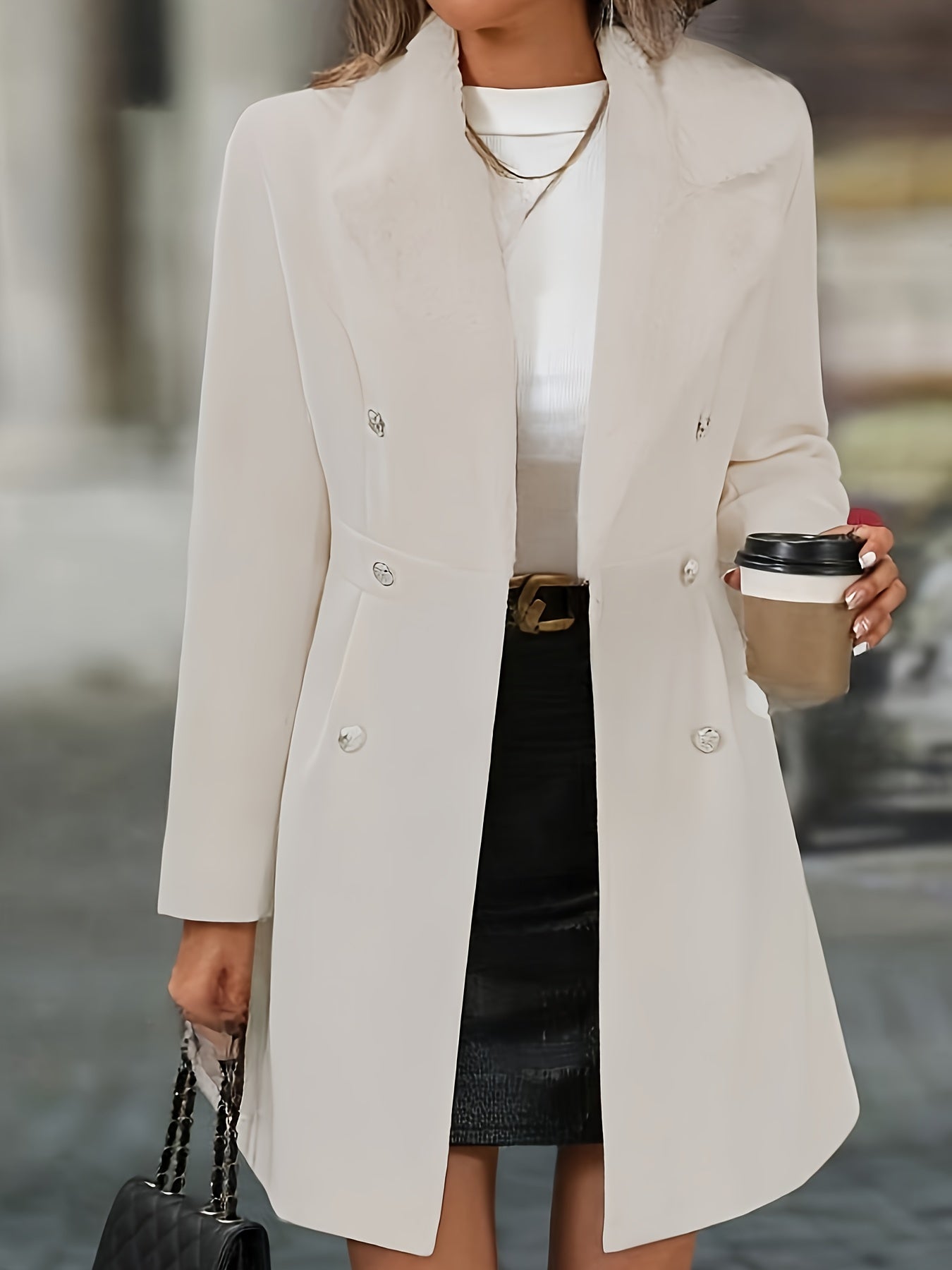 Manteau en polaire élégant et ajusté pour femmes - Col structuré, double boutonnage long avec silhouette A-line, manteau d'hiver lavable à la machine pour automne & hiver, vêtement extérieur formel quotidien (couleur unie : beige//noir/marine/gris) – Poly