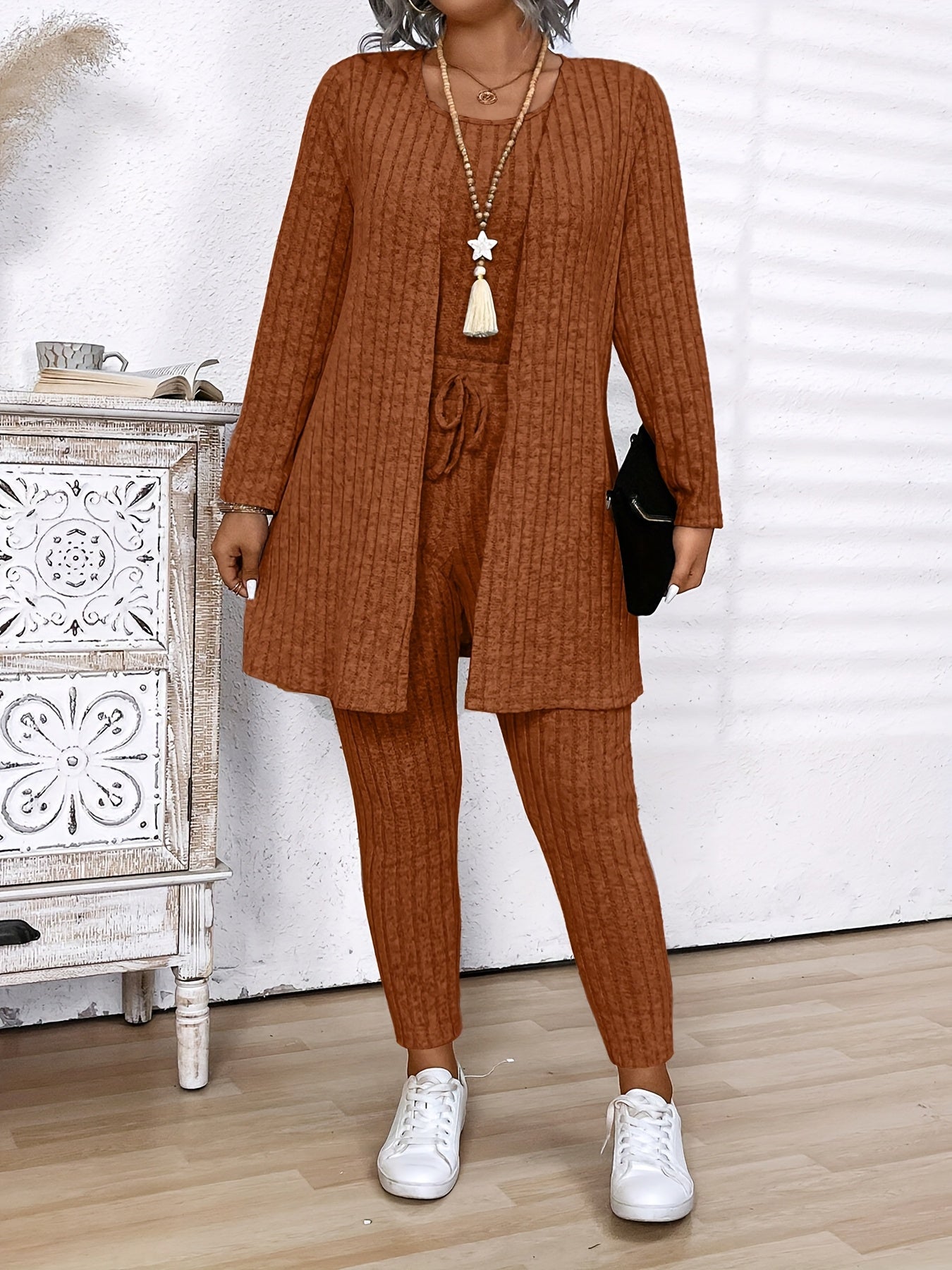 Grande Taille - Grande Taille - Ensemble 3 pièces Grande Taille Femme en Coton Côtelé Gris : Cardigan, Gilet et Leggings - Vêtement d'Hiver Confortable et Décontracté avec Cordon de Serrage à la Taille, Manches Longues et Coupe Slim pour le Travail et la