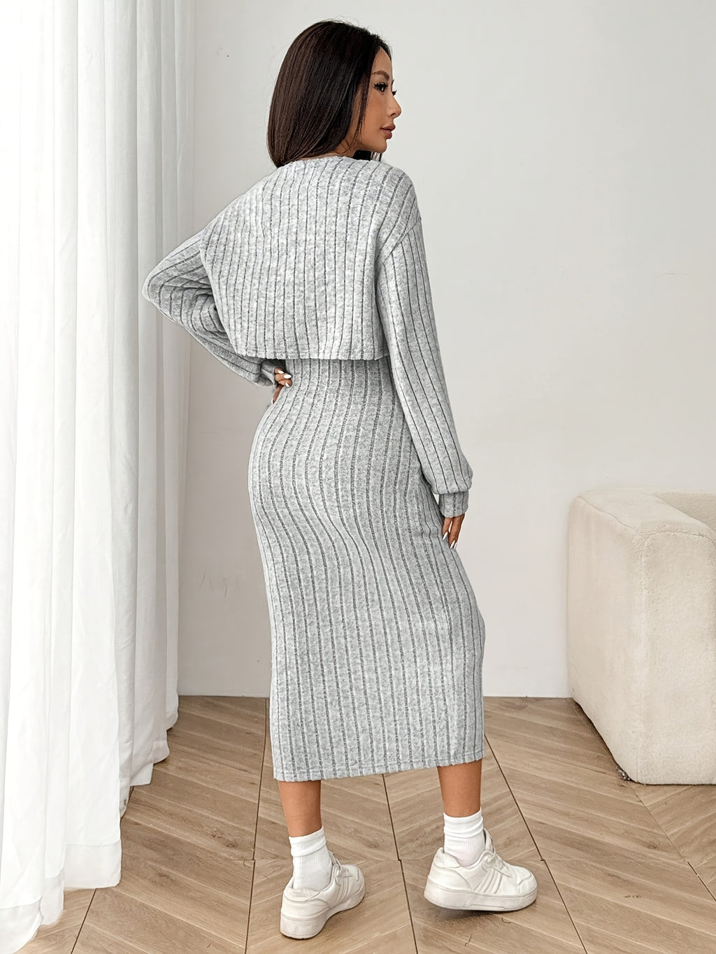 Ensemble élégant de haut et de veste à manches longues pour femmes - Robe côtelée beige avec détails boutonnés, chemisier à manches longues et veste assortie pour l'automne/hiver, tenue décontractée | Haut élégant à manches longues | Construction, robe à