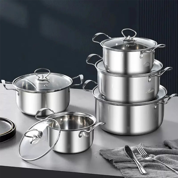 BIG 5PCS STAINLESS STEEL COOKWARE HOB STOCKPOT POT CASSEROLE SET WITH GLASS LIDS