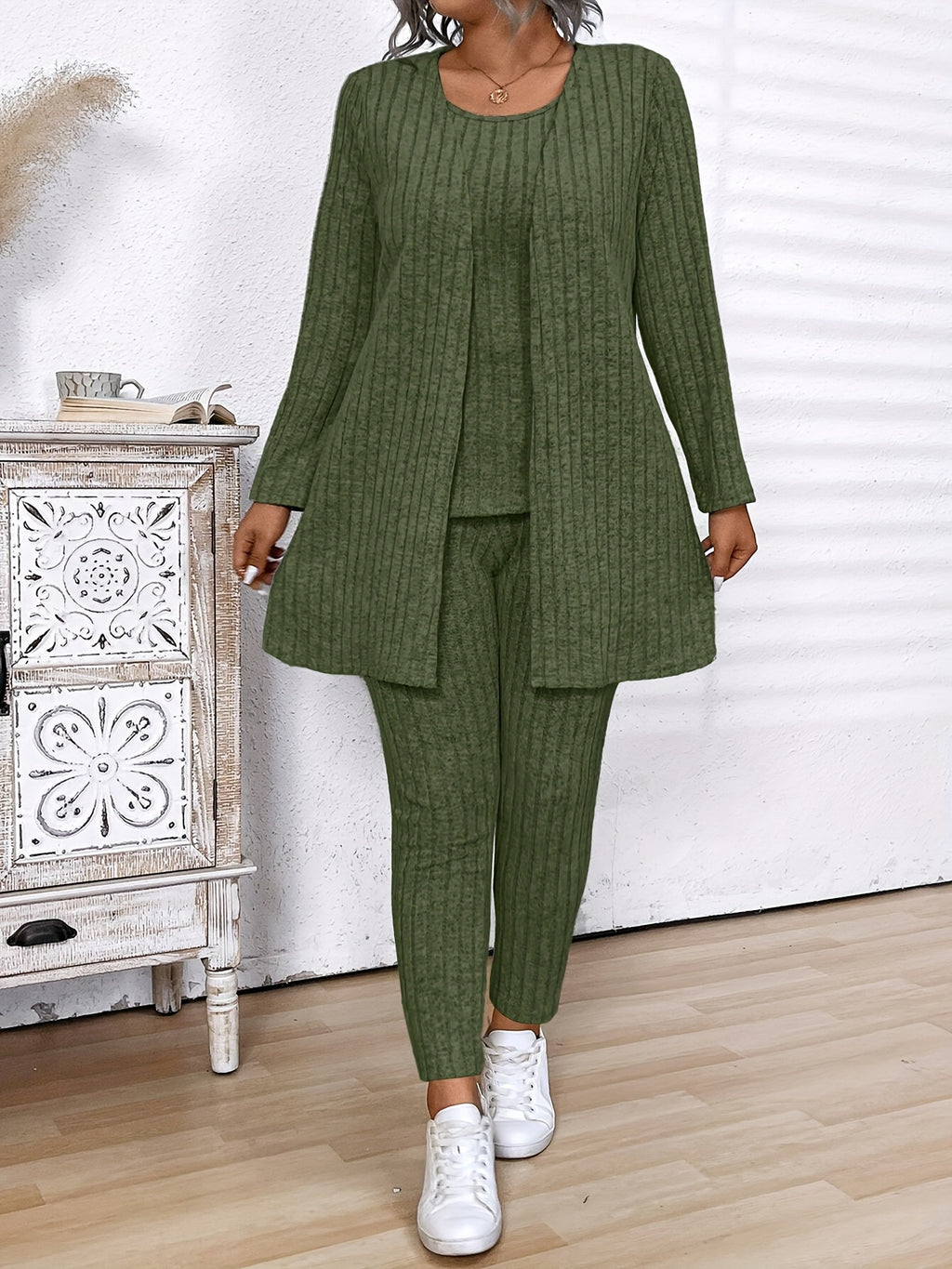 Grande Taille - Grande Taille - Ensemble 3 pièces Grande Taille Femme en Coton Côtelé Gris : Cardigan, Gilet et Leggings - Vêtement d'Hiver Confortable et Décontracté avec Cordon de Serrage à la Taille, Manches Longues et Coupe Slim pour le Travail et la