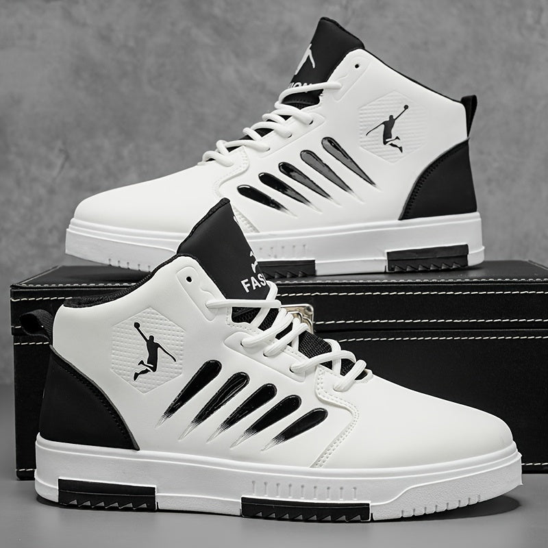Baskets de basket-ball mi-haut pour hommes - Haut en faux cuir synthétique confortable, semelle en PVC rembourée épaisse, conception à lacets pour la course en plein air, le skateboard et les vêtements décontractés - Blanc avec accents noirs, chaussures d