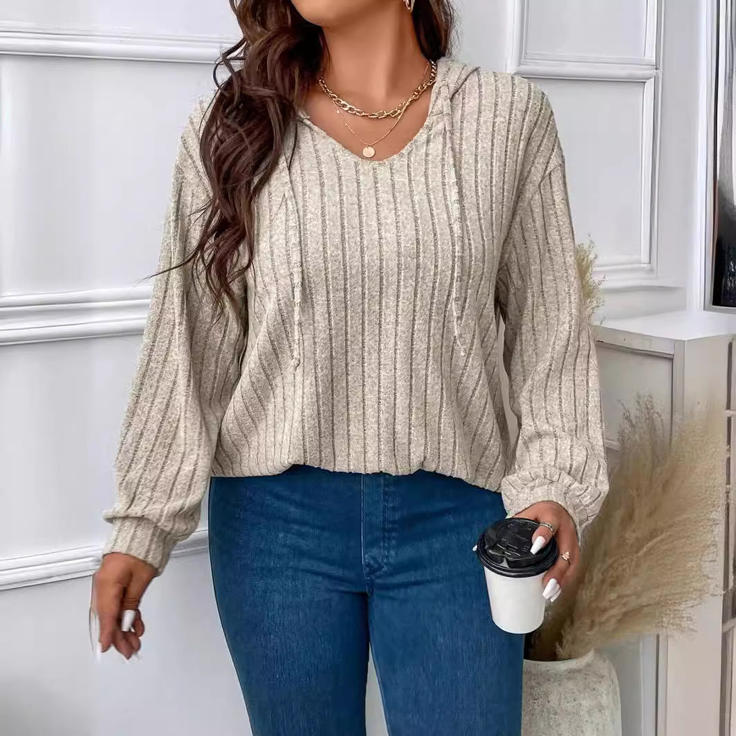 Women's V-neck Hooded Long-sleeved Sunken Stripe Brushed Top