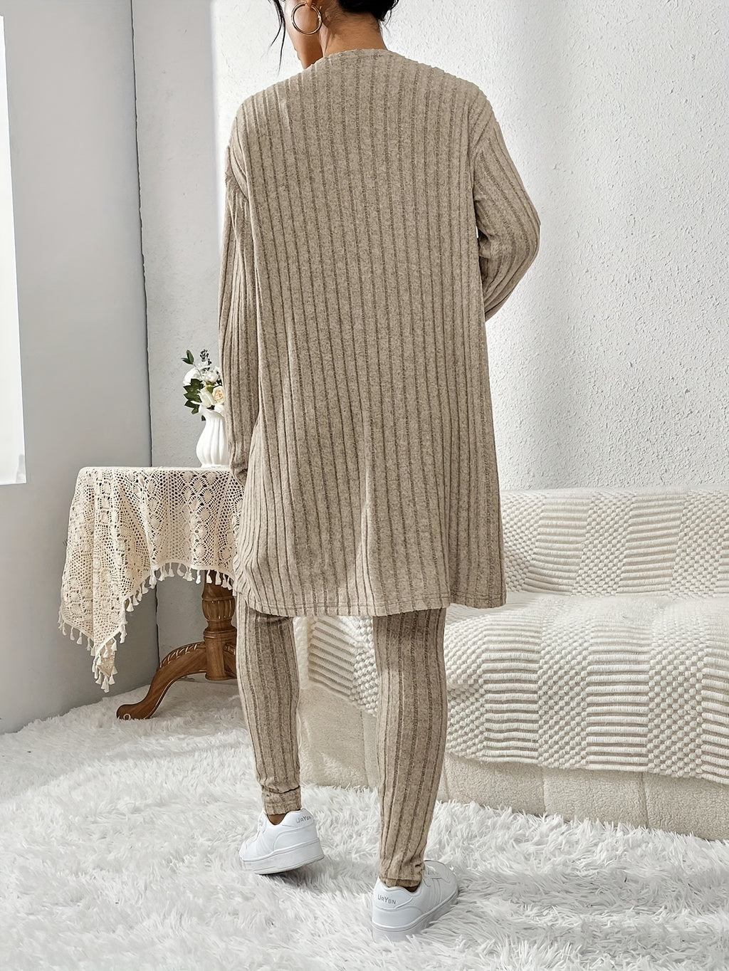 Ensemble Cardigan Uni et Pantalon Slim pour Femme, Tenue Décontractée Élégante et Simple