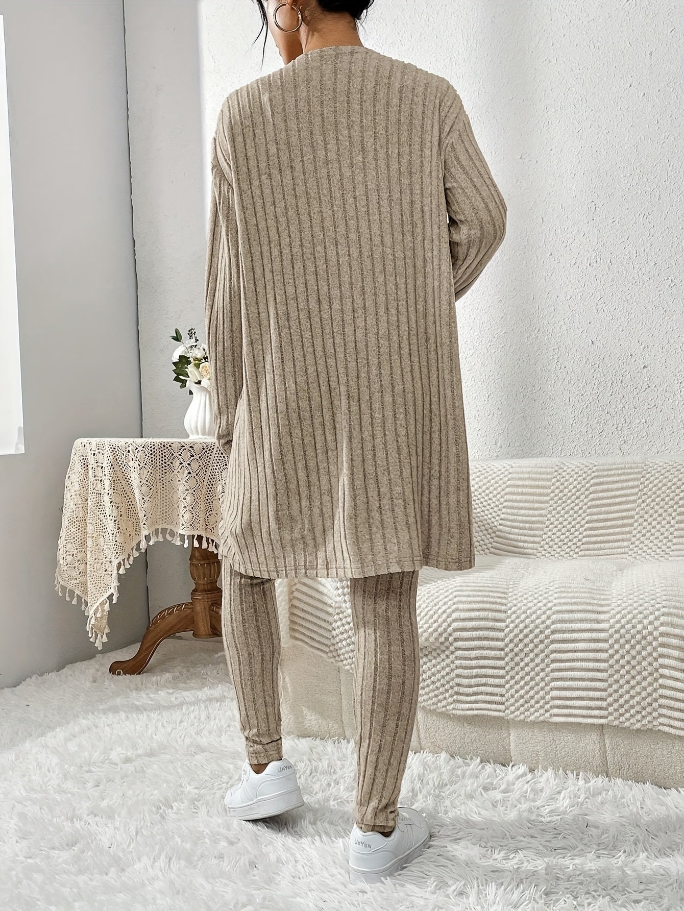 Ensemble Cardigan Uni et Pantalon Slim pour Femme, Tenue Décontractée Élégante et Simple