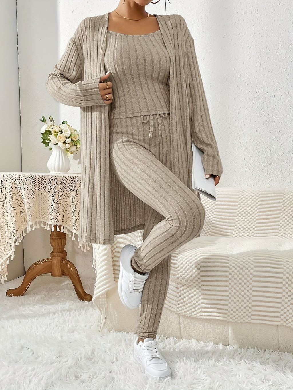 Ensemble Cardigan Uni et Pantalon Slim pour Femme, Tenue Décontractée Élégante et Simple