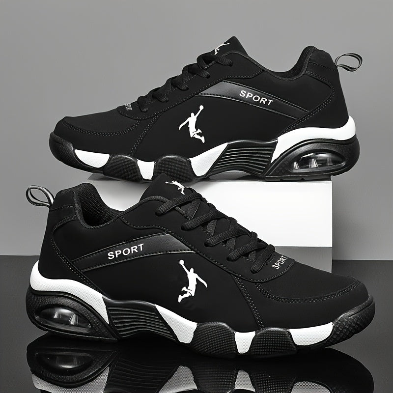 Chaussures de sport homme à coussin d'air - Tissu respirant mesh et PU, design géométrique, fermeture à lacets, couleur noire/blanche, confortables pour course en extérieur, marche et tenue décontractée | Look athlétique | Chaussures ajustées et confortab