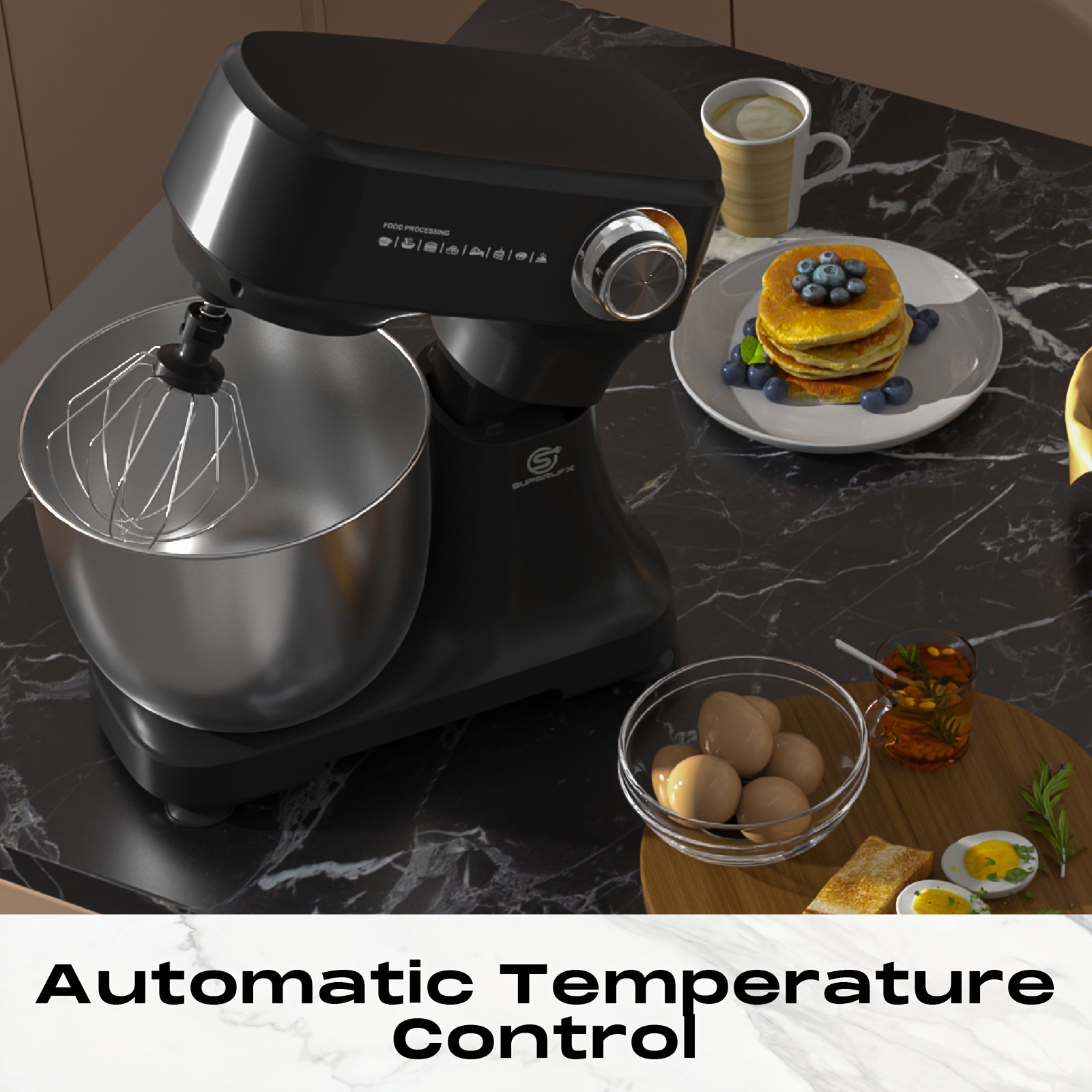 Superlex Robot de Cuisine 800 W avec Bol en Acier Inoxydable de 4,5 L - Machine à Pétrir Professionnelle à 10 Vitesses, Crochet à Pâte, Fouet et Raclette - Mixeur sur Pied pour Pain, Gâteaux et Plus