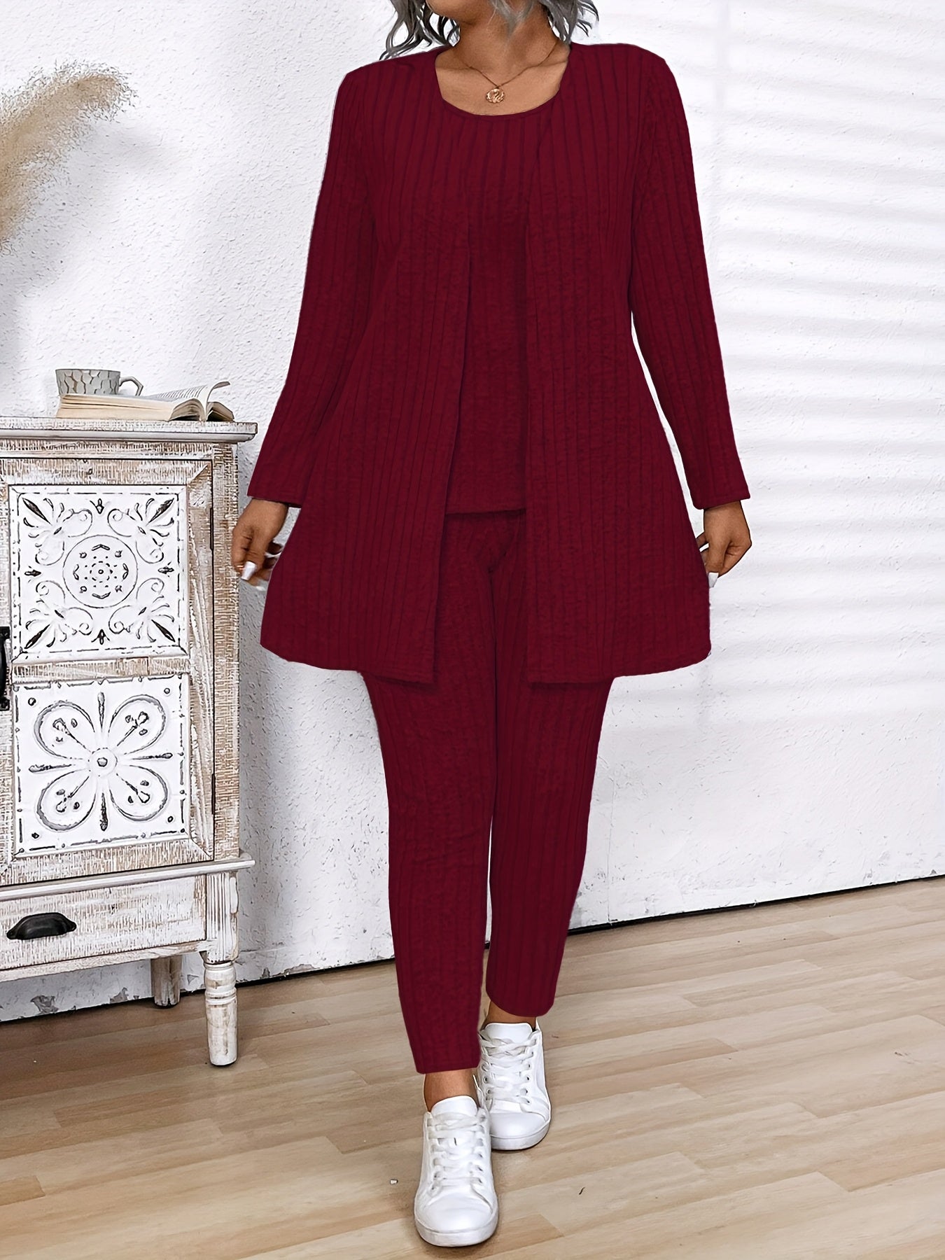 Grande Taille - Grande Taille - Ensemble 3 pièces Grande Taille Femme en Coton Côtelé Gris : Cardigan, Gilet et Leggings - Vêtement d'Hiver Confortable et Décontracté avec Cordon de Serrage à la Taille, Manches Longues et Coupe Slim pour le Travail et la