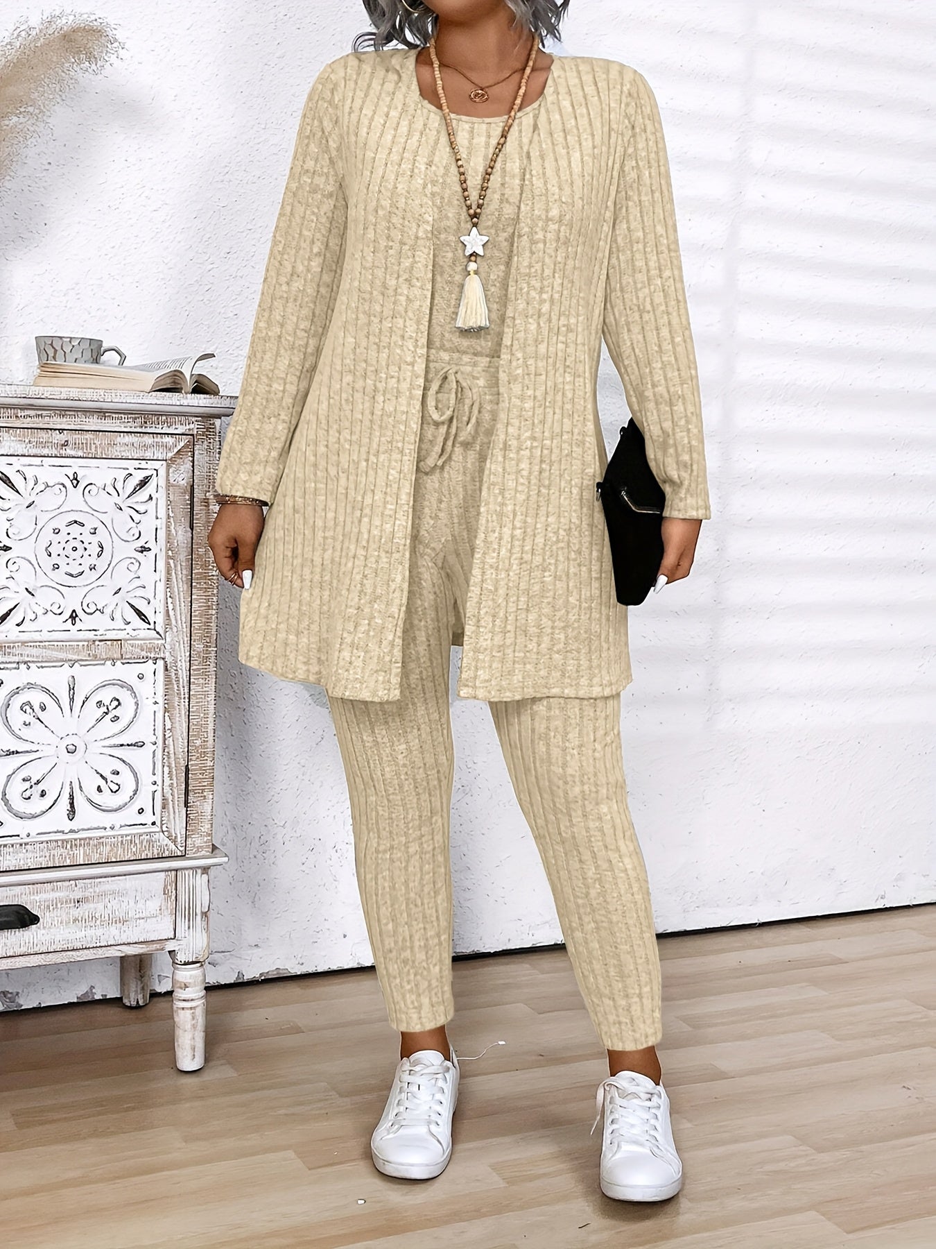 Grande Taille - Grande Taille - Ensemble 3 pièces Grande Taille Femme en Coton Côtelé Gris : Cardigan, Gilet et Leggings - Vêtement d'Hiver Confortable et Décontracté avec Cordon de Serrage à la Taille, Manches Longues et Coupe Slim pour le Travail et la