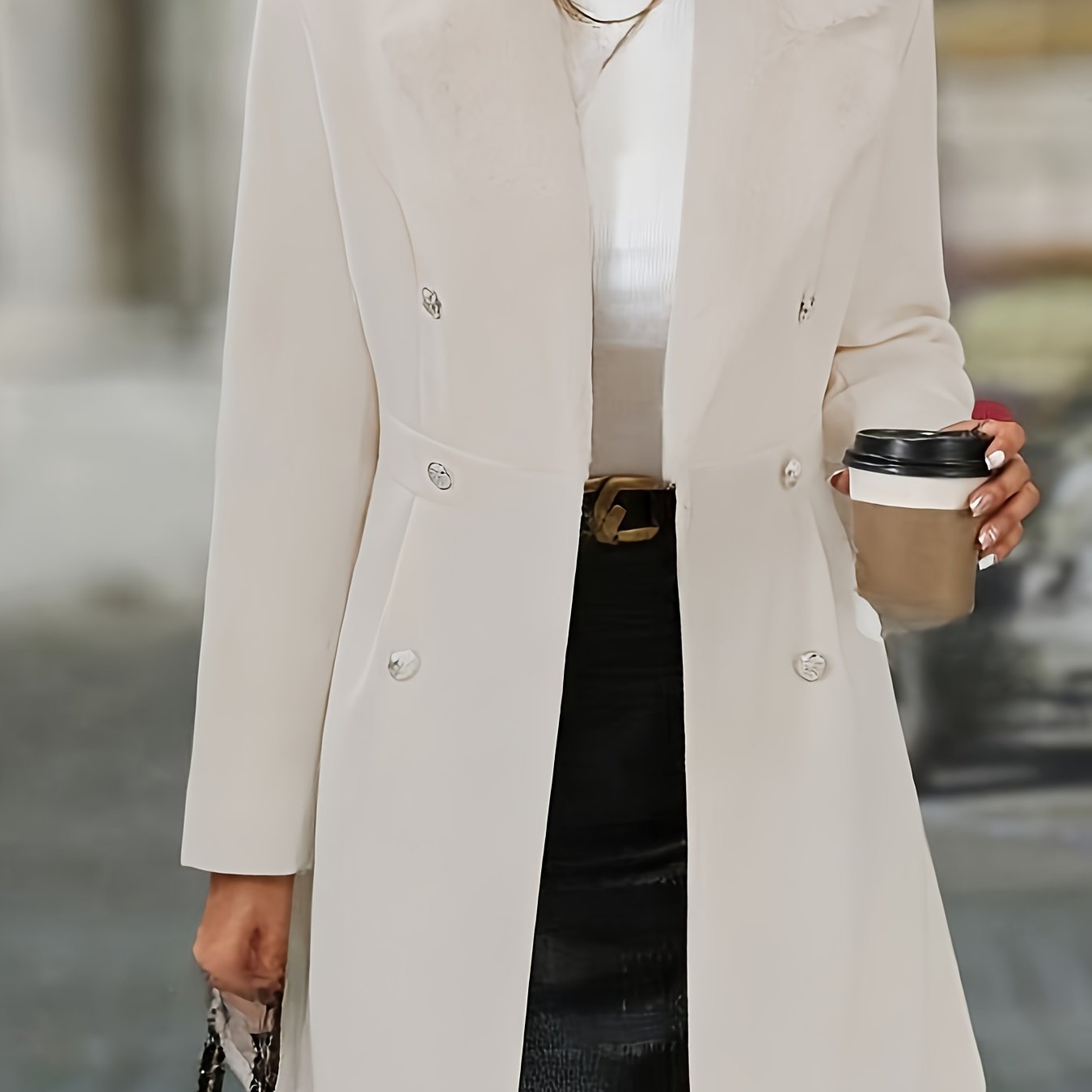 Manteau en polaire élégant et ajusté pour femmes - Col structuré, double boutonnage long avec silhouette A-line, manteau d'hiver lavable à la machine pour automne & hiver, vêtement extérieur formel quotidien (couleur unie : beige//noir/marine/gris) – Poly