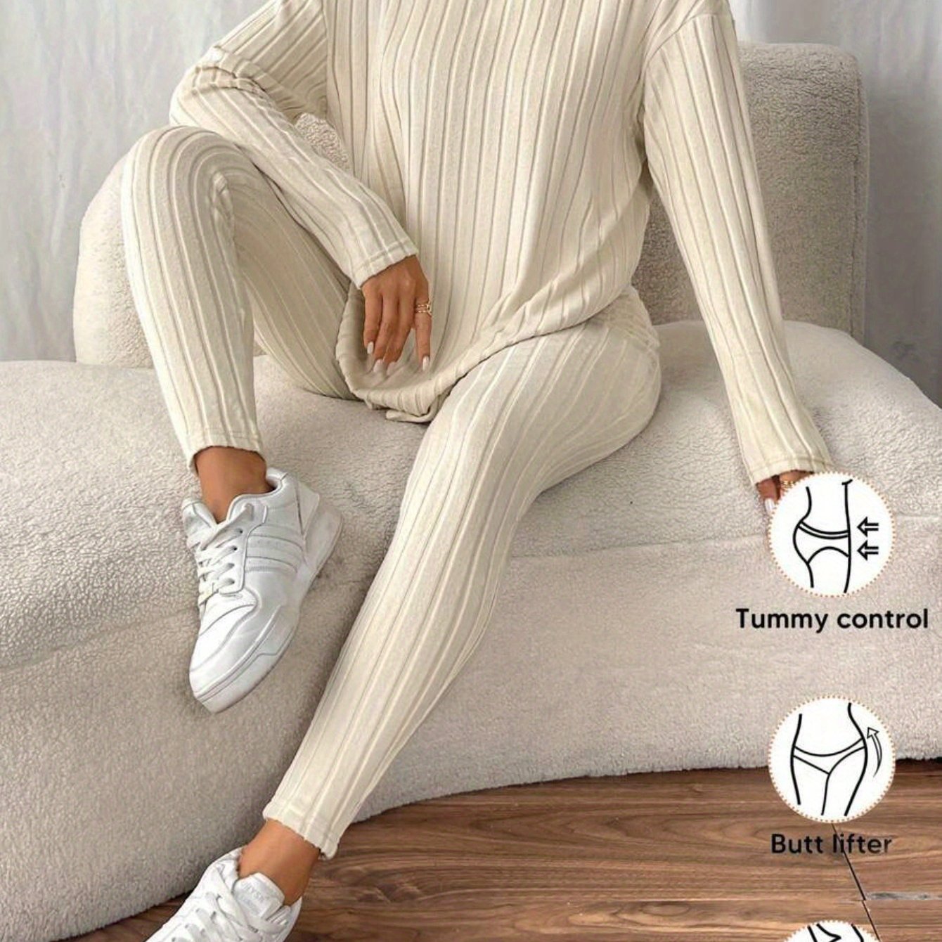 Ensemble deux pièces côtelé français pour femmes : T-shirt + Leggings texturés, Tenue décontractée haut de gamme, Nouvelle collection automne/hiver, Vêtements décontractés, Style décontracté, |Texture côtelée| Leggings texturés, Ensemble deux pièces franç