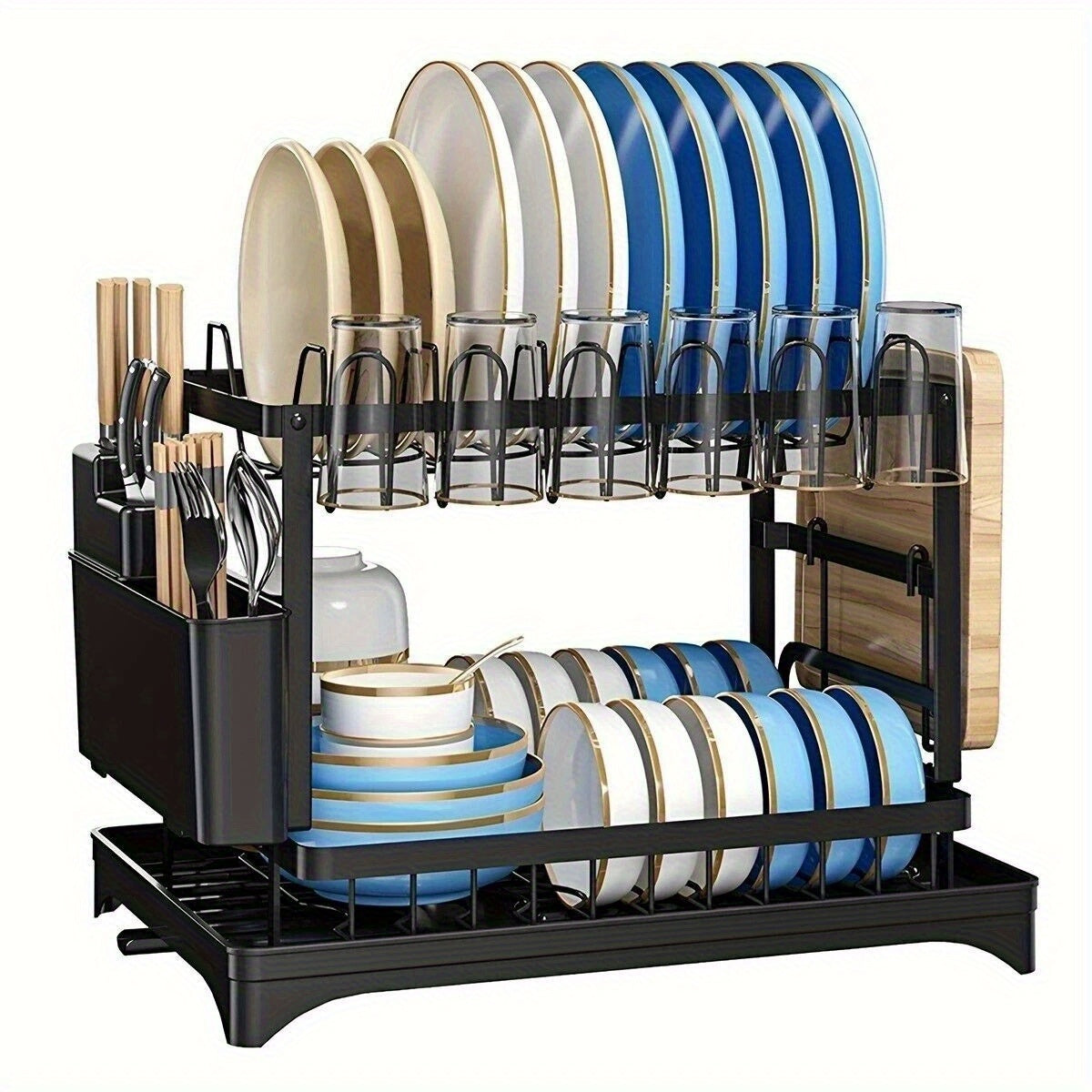 Égouttoir de cuisine en acier carbone à double couche grande capacité - Support épaissi - Porte-ustensiles en métal pour vaisselle - Adapté aux assiettes, bols, tasses, planches à découper - Utilisation domestique et pour cabine