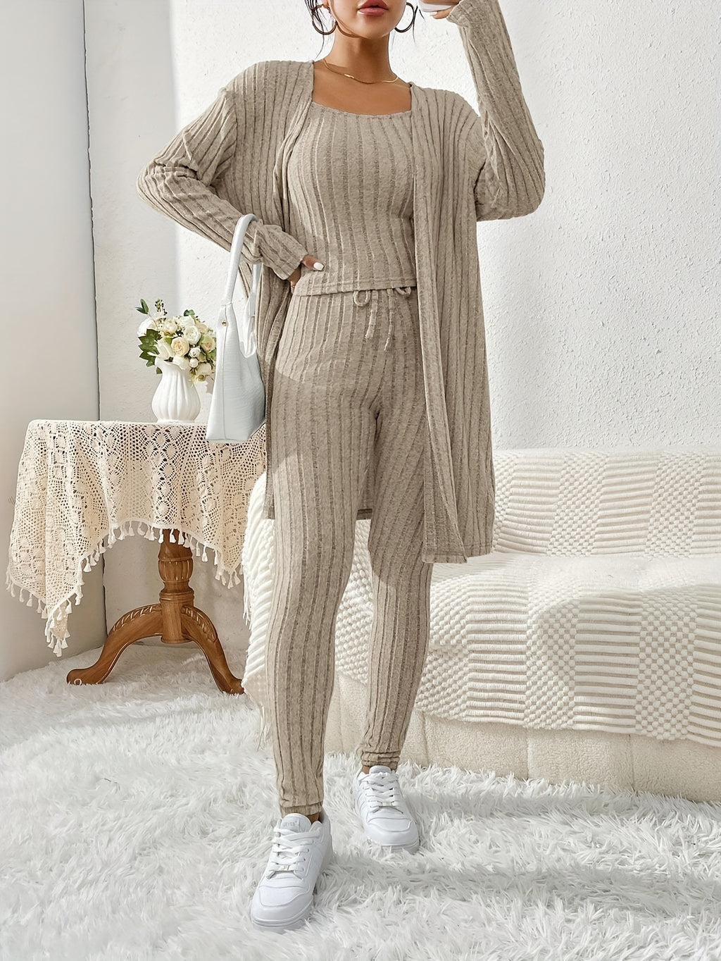 Ensemble Cardigan Uni et Pantalon Slim pour Femme, Tenue Décontractée Élégante et Simple
