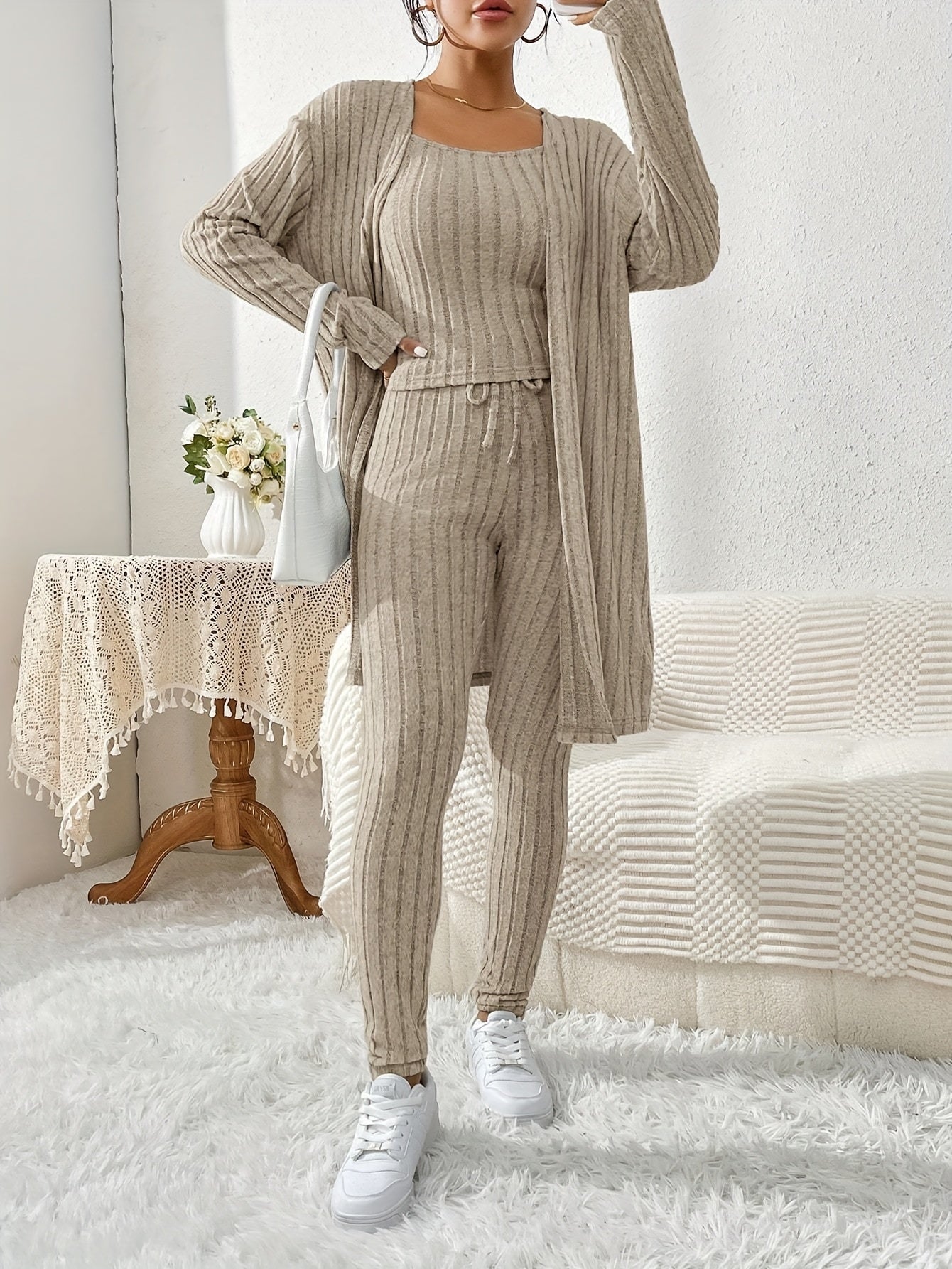 Ensemble Cardigan Uni et Pantalon Slim pour Femme, Tenue Décontractée Élégante et Simple