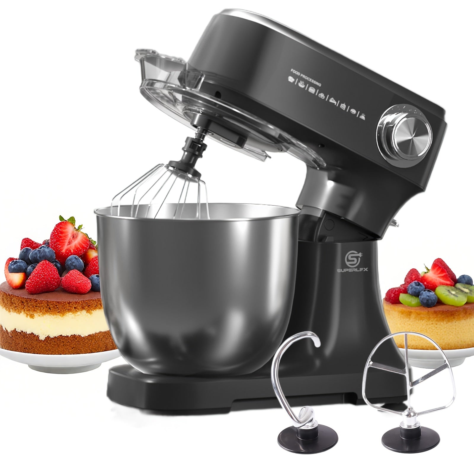 Superlex Robot de Cuisine 800 W avec Bol en Acier Inoxydable de 4,5 L - Machine à Pétrir Professionnelle à 10 Vitesses, Crochet à Pâte, Fouet et Raclette - Mixeur sur Pied pour Pain, Gâteaux et Plus