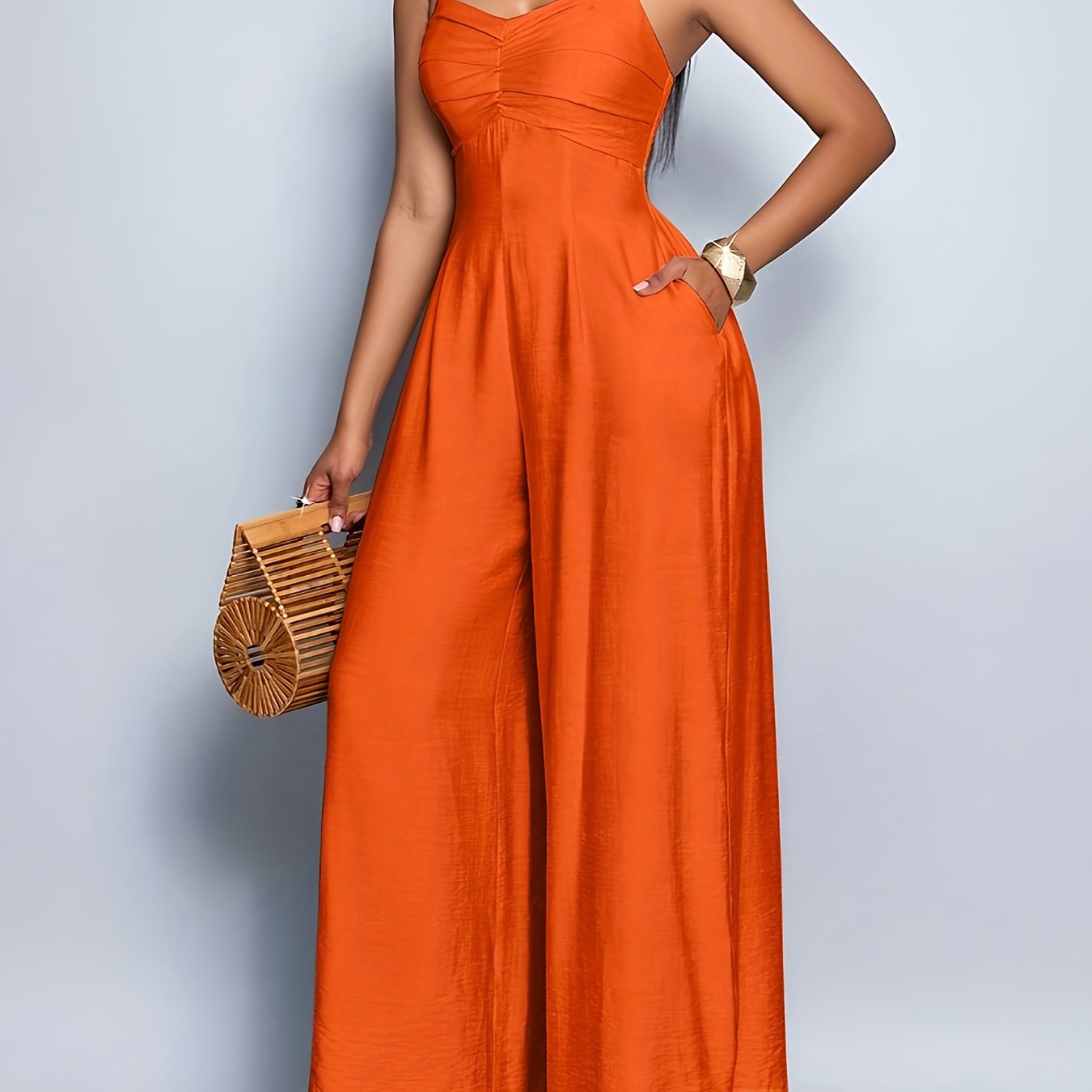 Combinaison Cami Femme Élégante Drapée Col Avant Dos Nu Jambes Larges - Silhouette H-Line Sans Manches avec Poches, Combinaison Longue Couleur Unie pour Printemps/Automne, Tenue Décontractée & de Vacances, Vêtements de Printemps Automne, Style Sophistiqué